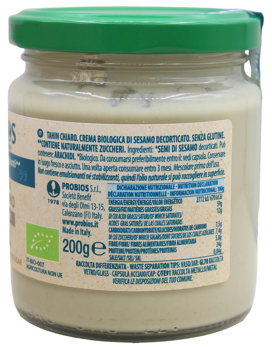 Probios Crema Tahini Light - Crema di Sesamo Tahina Premium - Salsa Tahini Ricca e Cremosa per Hummus e Salse - Confezione da 6 x 200 g