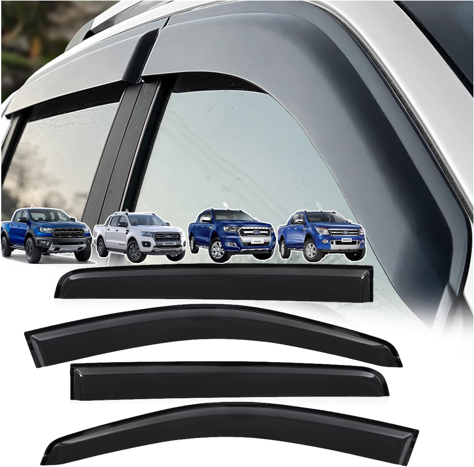 Fits for Ford Ranger Wind Deflectors 2012-2022 Accessories, T6 T7 T8 Double Cab Rain Window Shield Visor Guards Cover (-Ford Ranger Wildtrak Raptor Stormtrak Limited Wolftrak XL XLT MSRT)