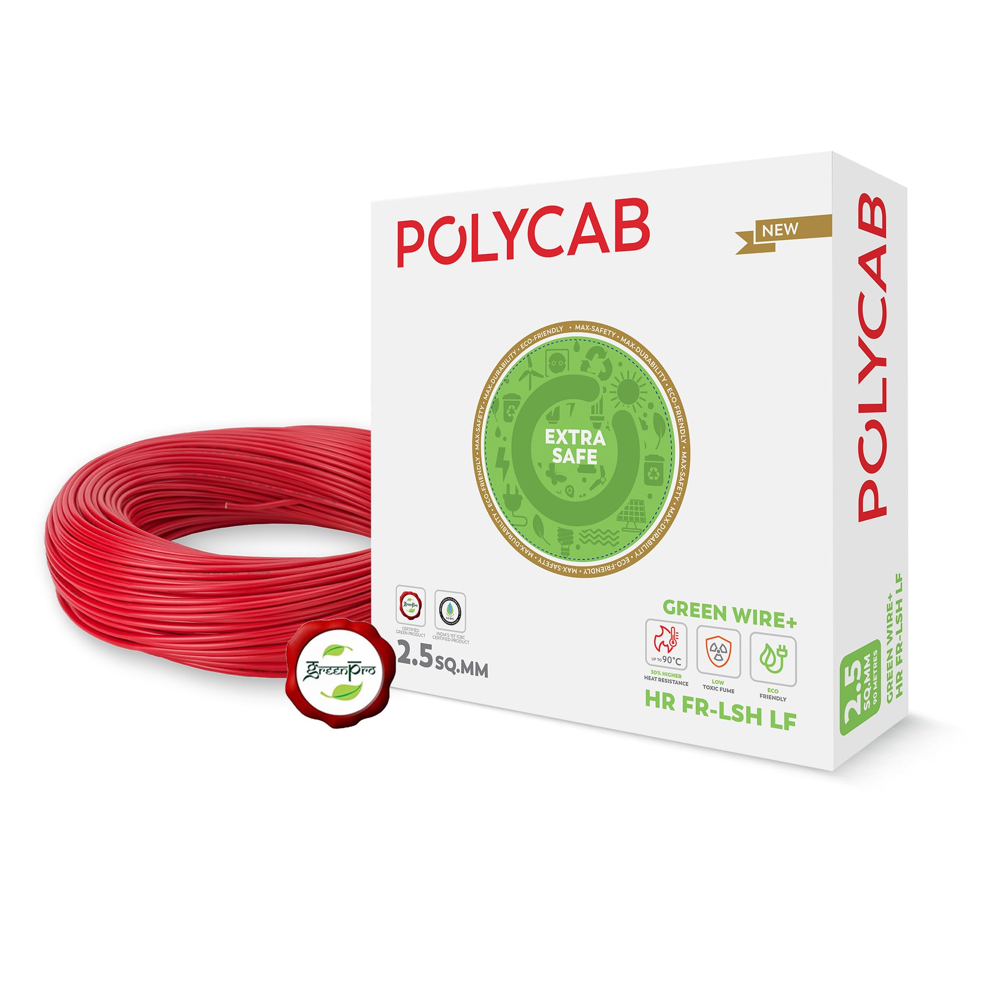 Polycab Green Wire+ 90M coil |2.5 SQ MM|Heat resistant upto 900 C | Low smoke | Low toxic fumes | GreenPro certified | 99.97% high purity copper | Rodent protection | Eco friendly (Red)-image-38