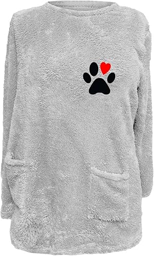 Miniatura 4 de Sudadera cálida de forro polar Sherpa para mujer, acogedora, suave, con cuello redondo, mullida, con estampado de patas, de corazón, manga larga,