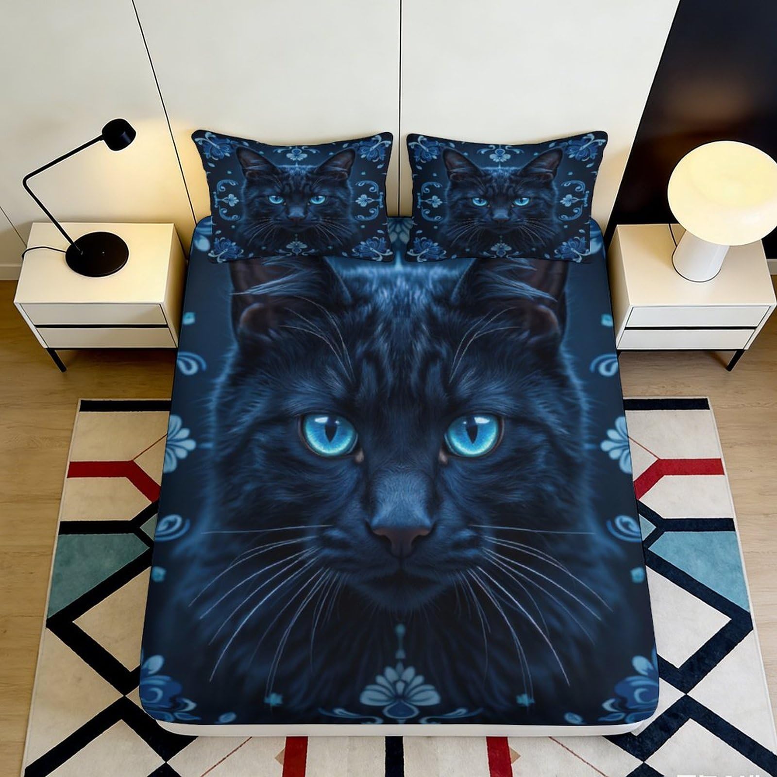 3D Printed Black Cat Fitted Sheet Microfiber Soft Breathable Blue Eyes Bed Cover for Bedroom Dormitory Guest Room Mattress Protection Decor 140x200x25cm
