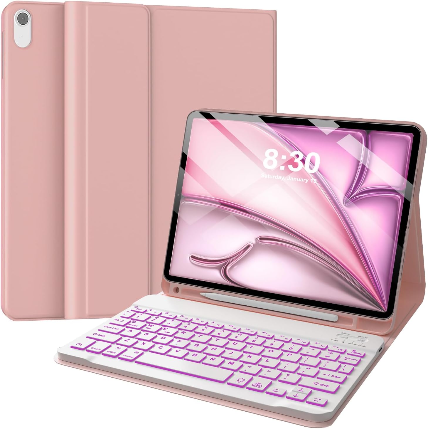 Keyboard Case for iPad Air 11-inch (M3 2025 / M2 2024) 7 Color Backlit Wireless Detachable Keyboard with Pencil Holder for iPad Air 11 2024, Rose Gold