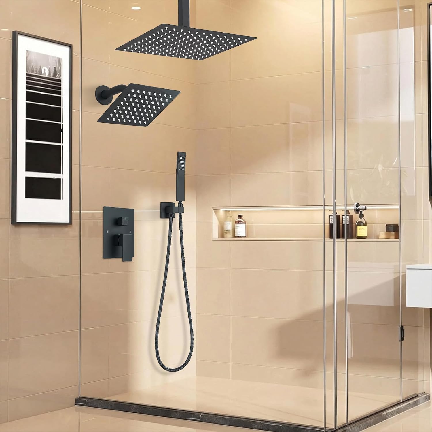 Shower Systems Shower Faucet Sets Matte Black Shower Heads with 12" Wall Mounted Rain Shower Head & 6" Wall Mounted Head with Handheld Spray,Wall Mount 3 Way Rainfall Shower Valve