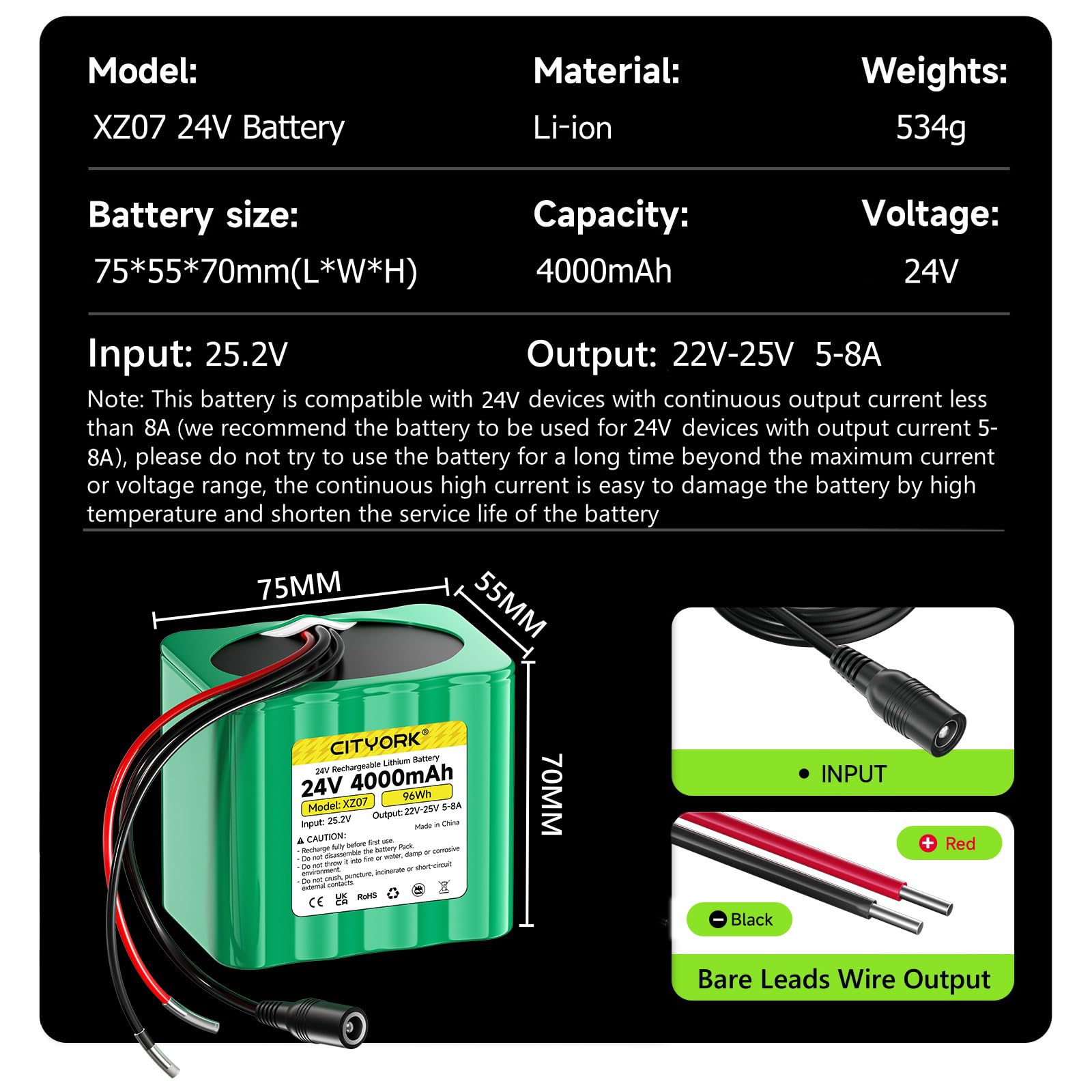CITYORK Batería de litio de 24 V 4000 mAh y cargador, cable de extensión, conexión de cable para proyectos de bricolaje, farolas solares, cámara CCTV, altavoz, pulverizador y más