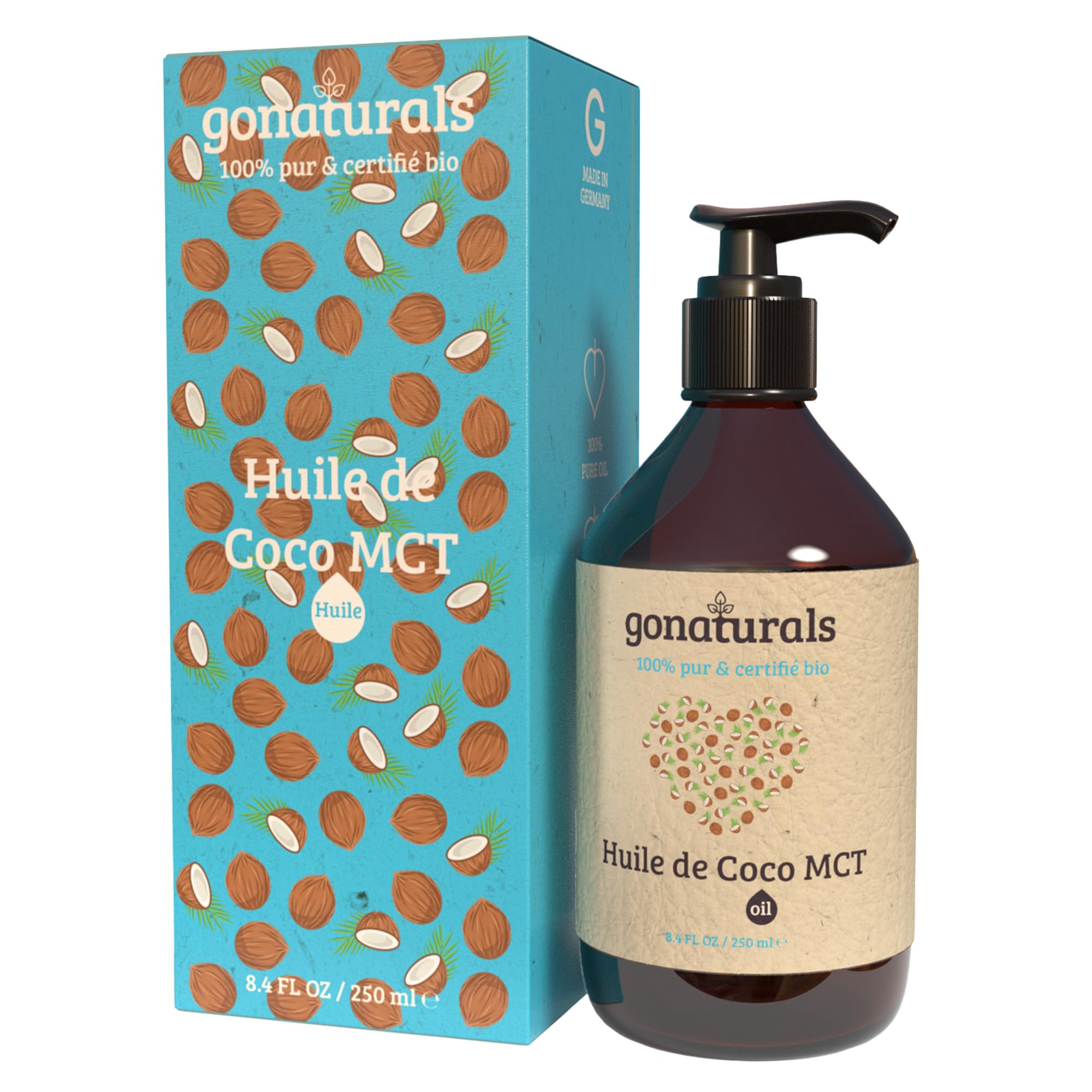 GONATURALS 분획 코코넛 오일 - 250ML - 100% 순수 천연 - 무취 - 머리카락 피부 얼굴용 코코넛 오일 - 서포트 오일 - MCT 오일 - 보습 토닉 - 남성 및 여성