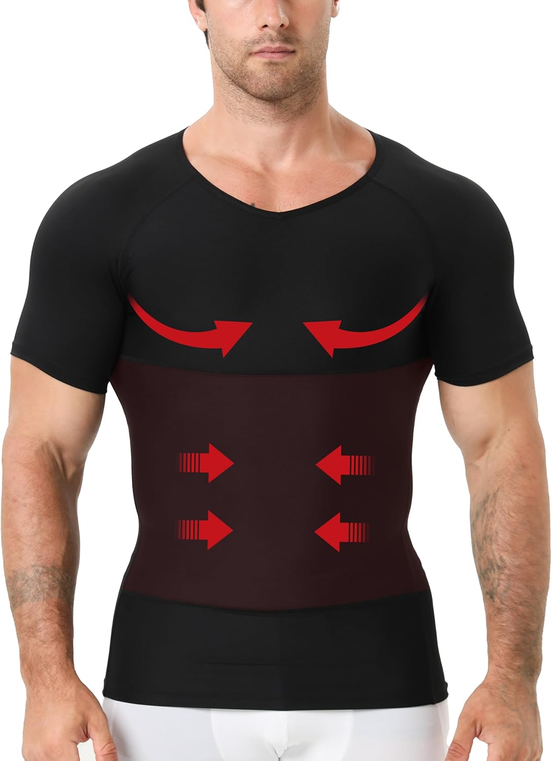 Men's Compression Shirt, V-Neck Slimming Body Shaper Short Sleeve Hide Gynecomastia Chest Underwear for Tummy Control