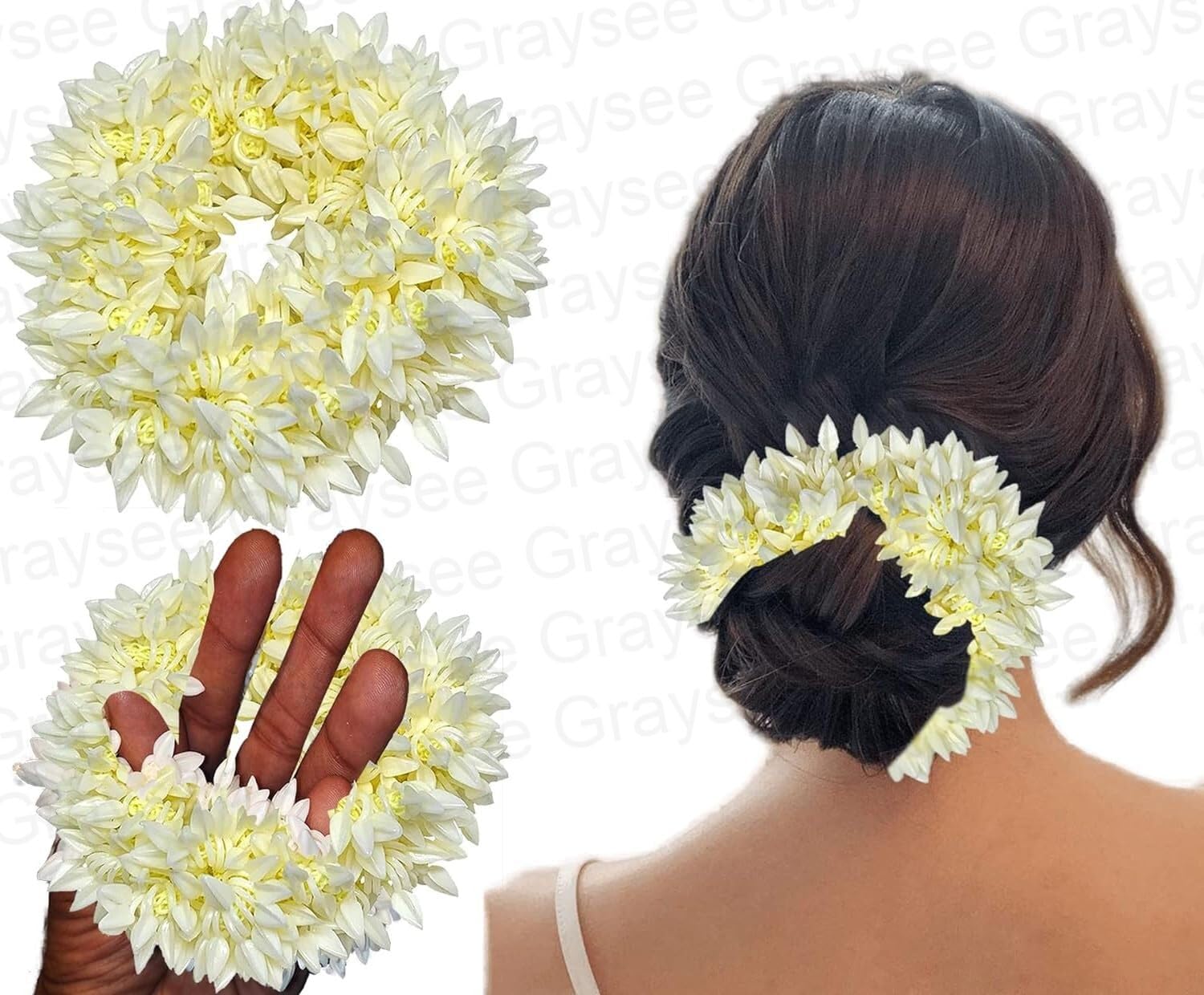 Graysee Scented Mogra Gajra Hair Accessories For Women & Girls - Hair Flower Bun Artificial Fake Gajra Scrunchies Rubber Band | Hair Braiders | Hair Gajra (Standard, Pack of 2) - Image 6 thumbnail