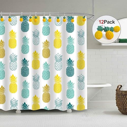 Miniatura 2 de Chictie Juego de 12 ganchos para cortina de ducha de piña amarilla, bonitos ganchos de ducha de acero inoxidable con diseño de frutas, anillos
