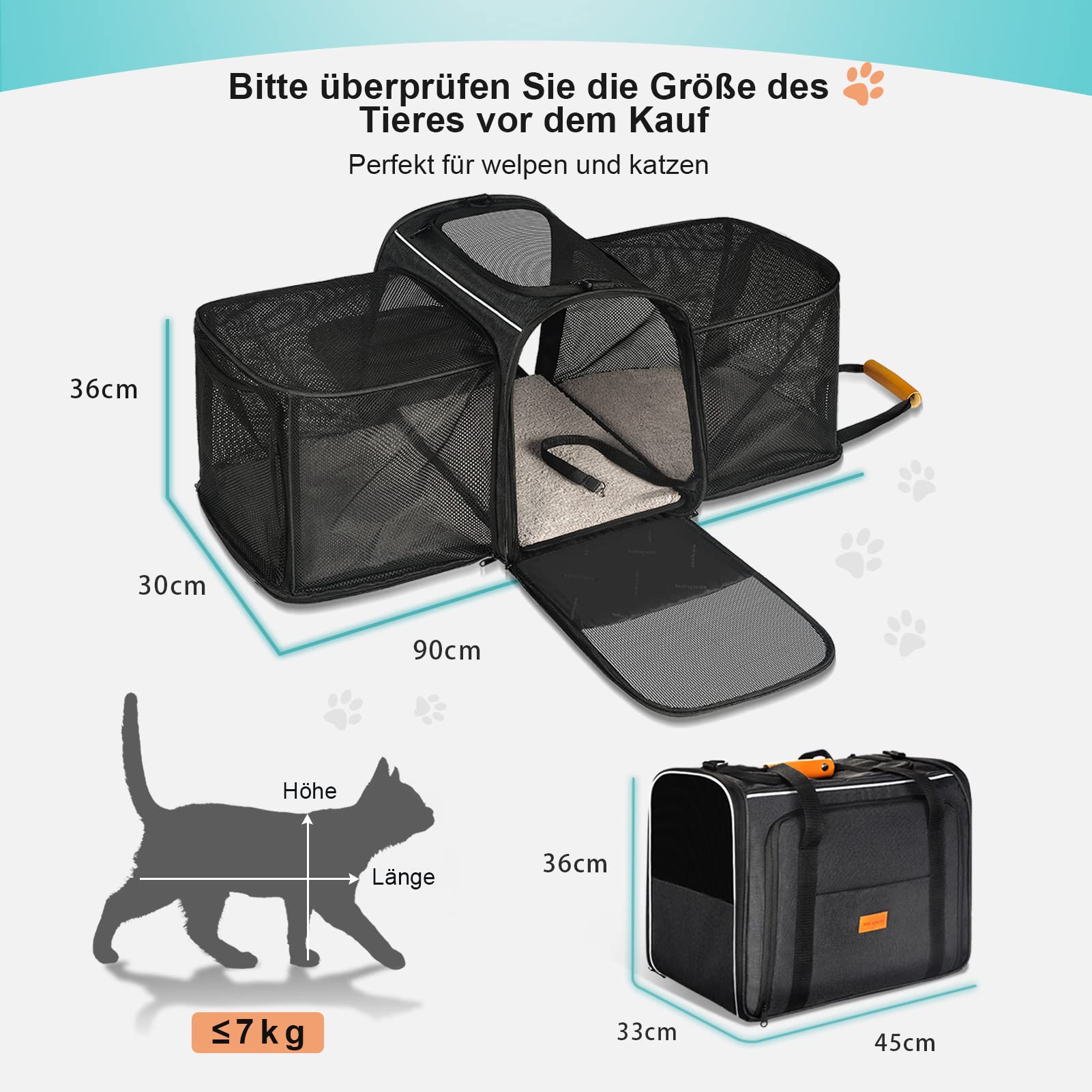Morpilot Transportador para Gatos, Bolso expandible de 2 Lados para Gatitos y Cachorros de hasta 7 kg, Bolso Plegable de Viaje para Gatos Aprobado por la aerolínea con Almohadilla Lavable 45x36x30cm