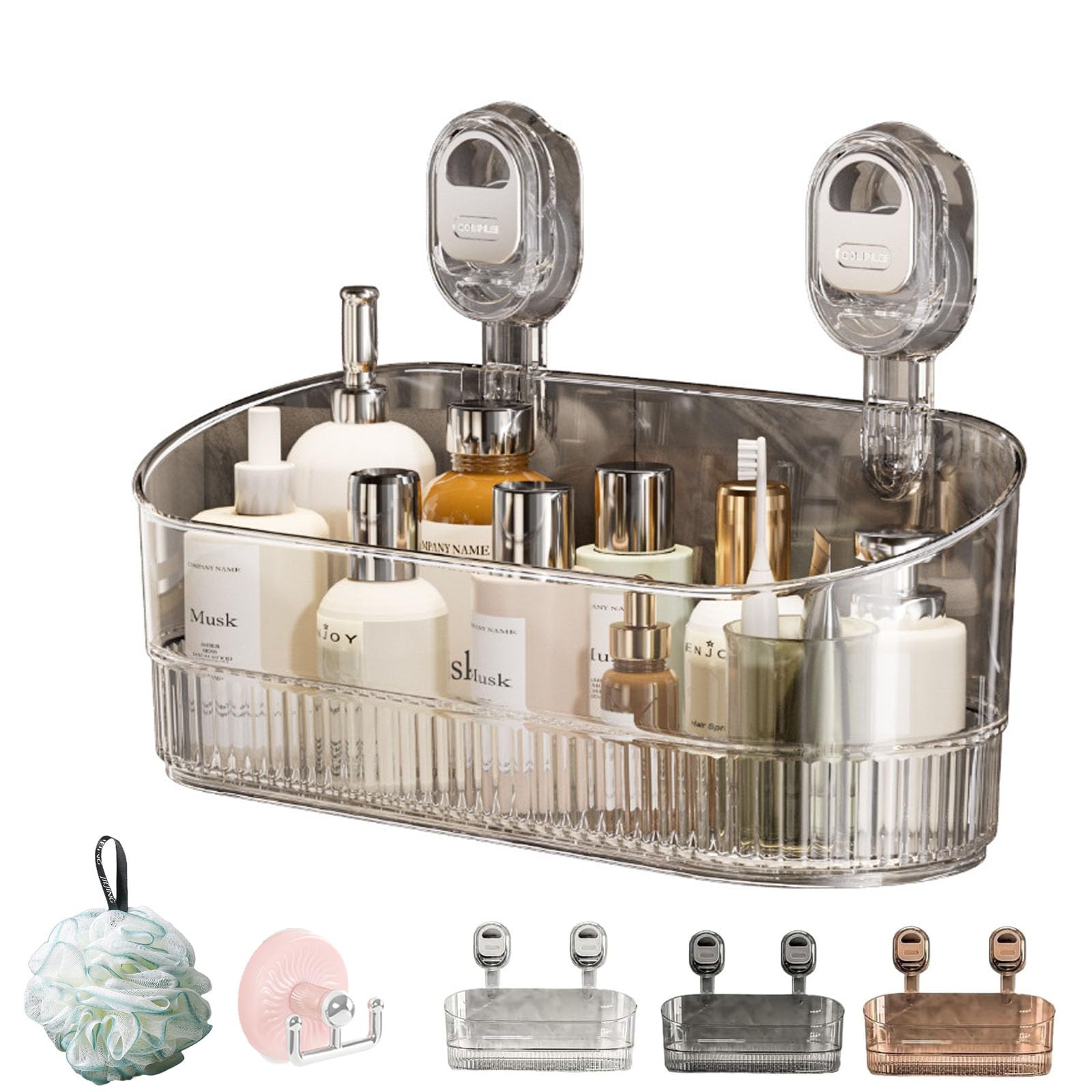 No-Drill Bathroom Suction Storage Box – Large Capacity & Strong Load-Bearing, Corrugated Suction Cup Shower Caddy Hanging Shower Shelf with Drain Hole, Removable Shower Organizer (Transparent)