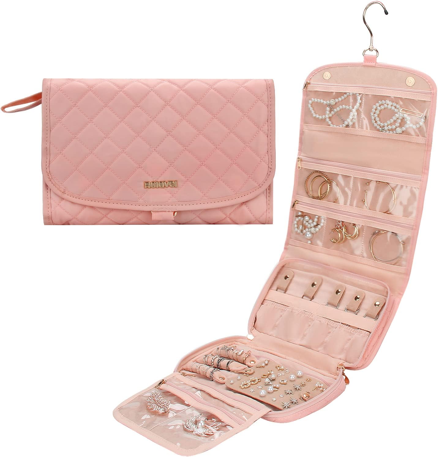 Travel Jewelry Organizer Roll with Zipper Pockets Large Hanging Jewelry Roll Bag Case for Rings, Earrings, Necklaces, Bracelets, Brooches, Waterpoof Bag with Separate Compartments (Large, Pink)