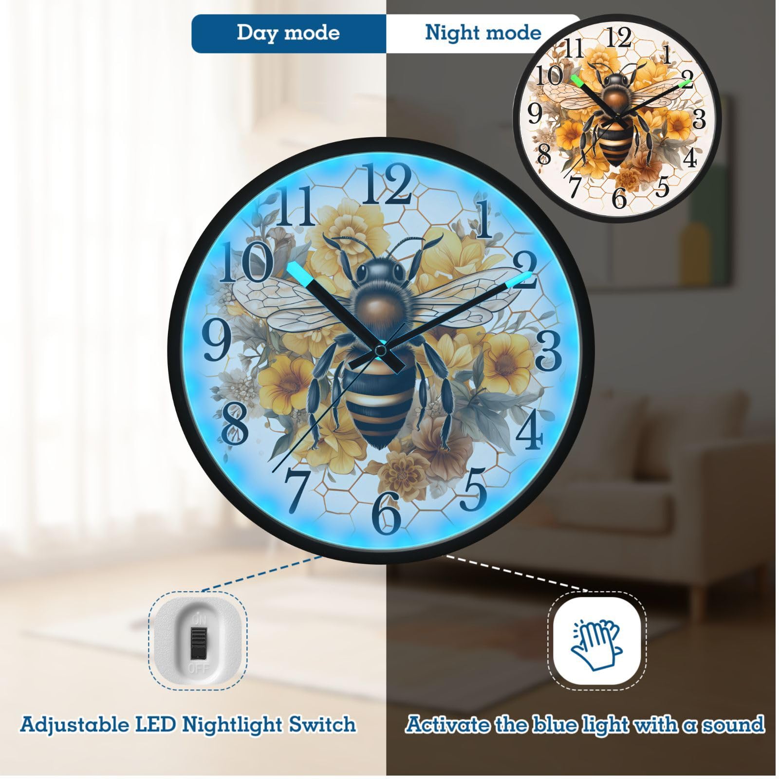 Mnsruu Reloj de pared luminoso con diseño de abeja, girasol, acuarela, funciona con pilas, silencioso, brilla en la oscuridad, para sala de estar, cocina, 12 pulgadas