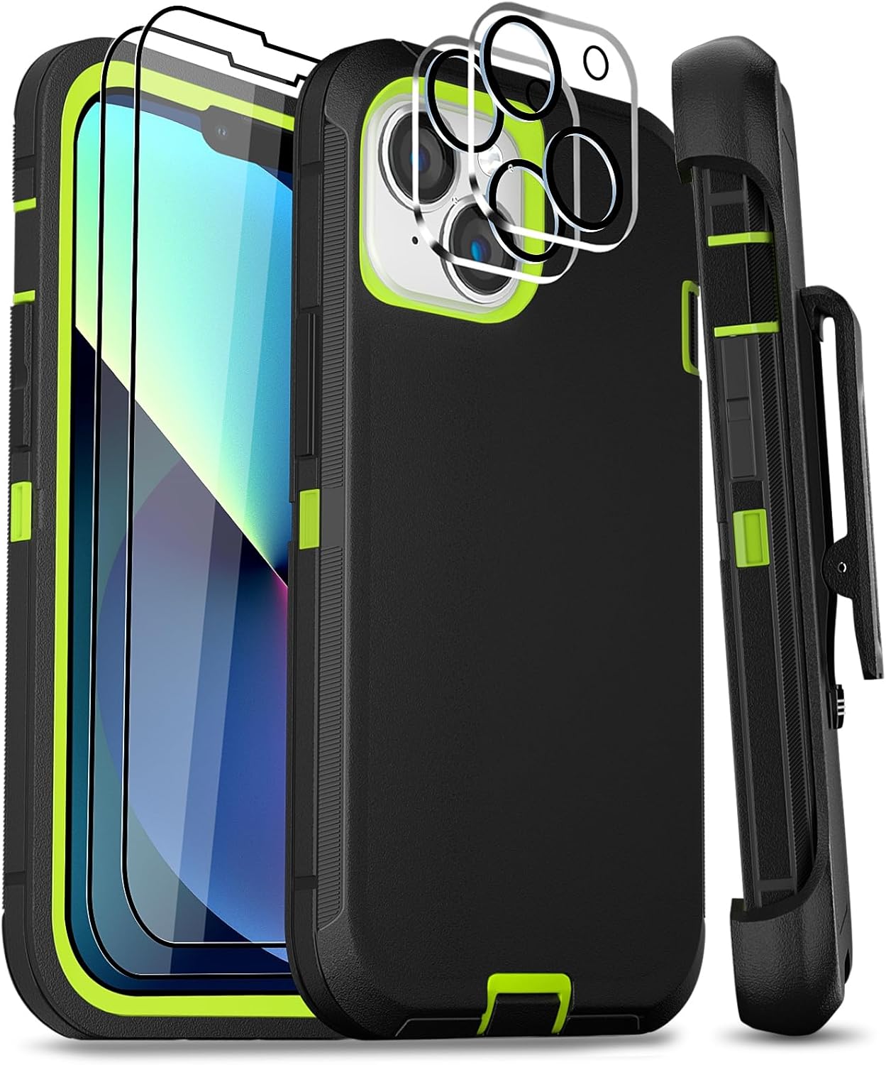 for iPhone 13 Case with Belt Clip Holster Kickstand, 2 Screen Protector & 2 Camera Lens Protector, Heavy Duty Full Body Protective Phone Case 6.1" (Belt Clip,Black Green) 13-Black Green+Clip iPhone 13