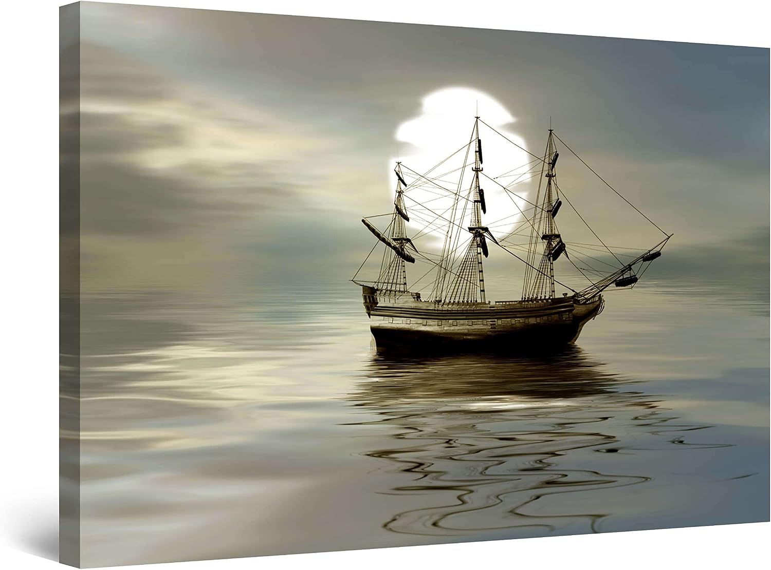 Startonight Pictures - Ship and Moon - Canvas Pictures Modern Art Wall Decoration Art Prints Wall Pictures XXL Living Room Large Wall Picture 80 x 120 cm Day Night Effect Elegant Gift Idea Wall