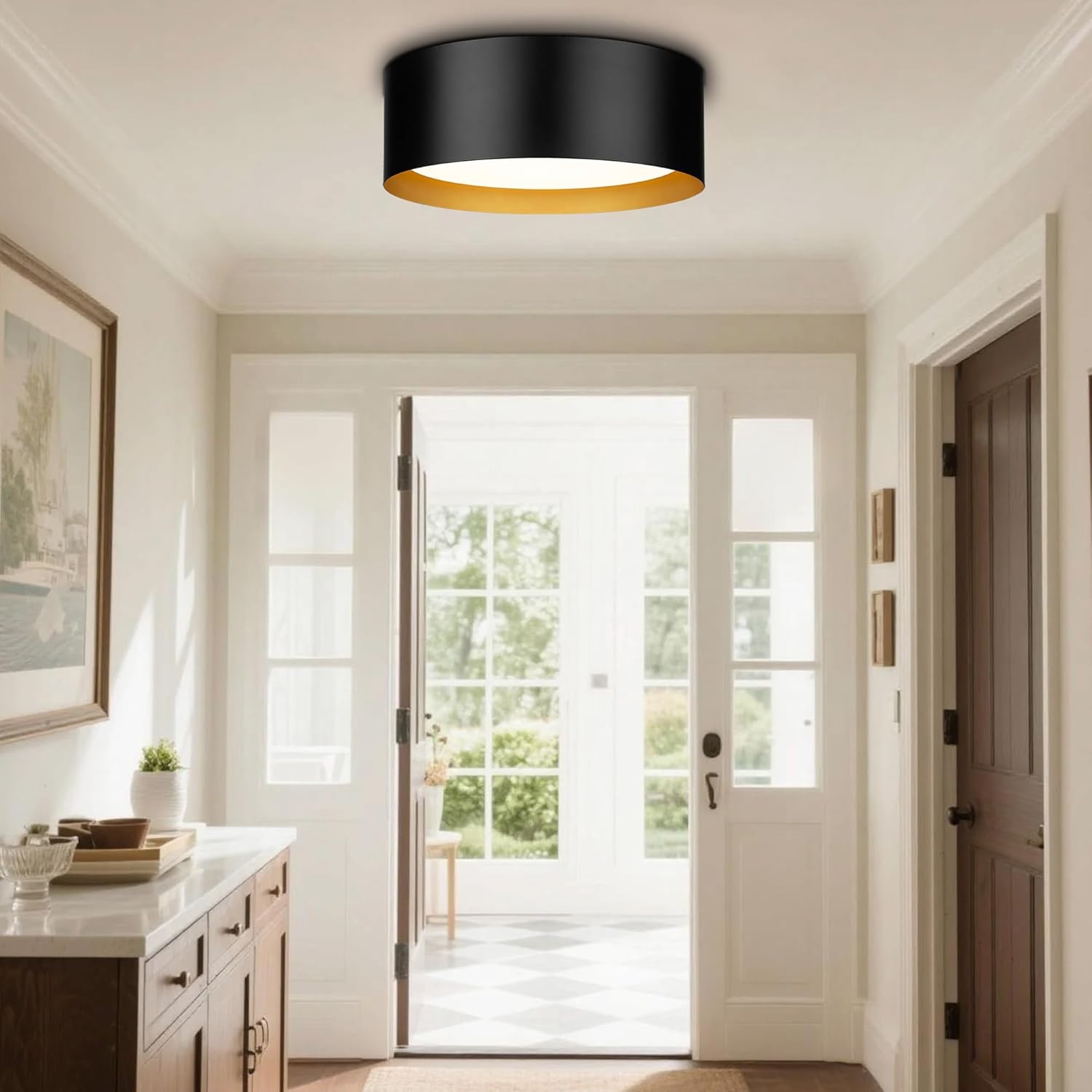 Casia Industrial Flush Mount Ceiling Lights, Flush Mount Close to Ceiling Lighting Fixture with Frosted Glass, Metal Ceiling Light for Living Room, Bedroom, Hallway (Black)