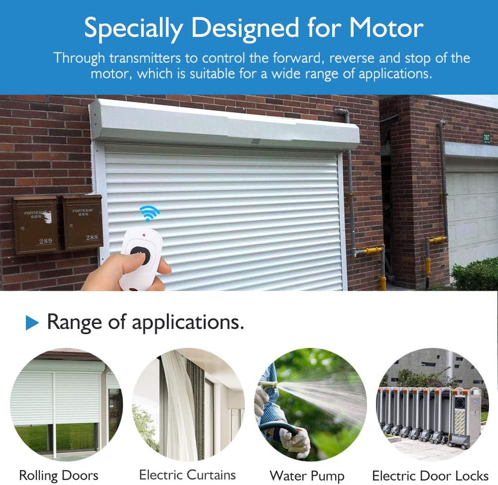 eMylo RF Motor Controller applications including rolling doors, electric curtains, water pumps, and electric door locks
