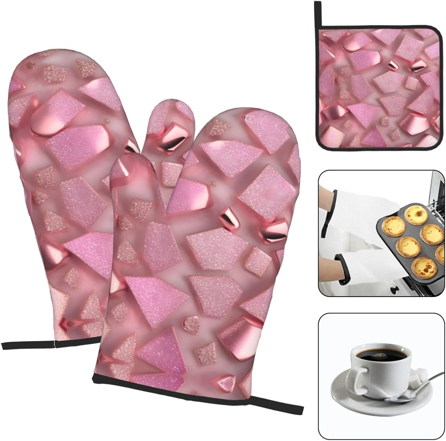 Rose Gold Faux Glitter Print Heat Resistant Microwave Gloves, Used for Baking, Cooking, and Fashion Kitchen Essentials