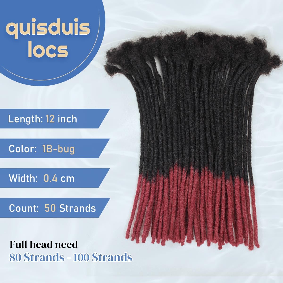 12 inch Loc Extensions Human Hair, 50 Strands Permanent Dreadlock Extension Human Hair 0.4cm Width 100% Full Handmade Dreads Can Be Dyed and Bleached Curled dreads extensions (black to red)