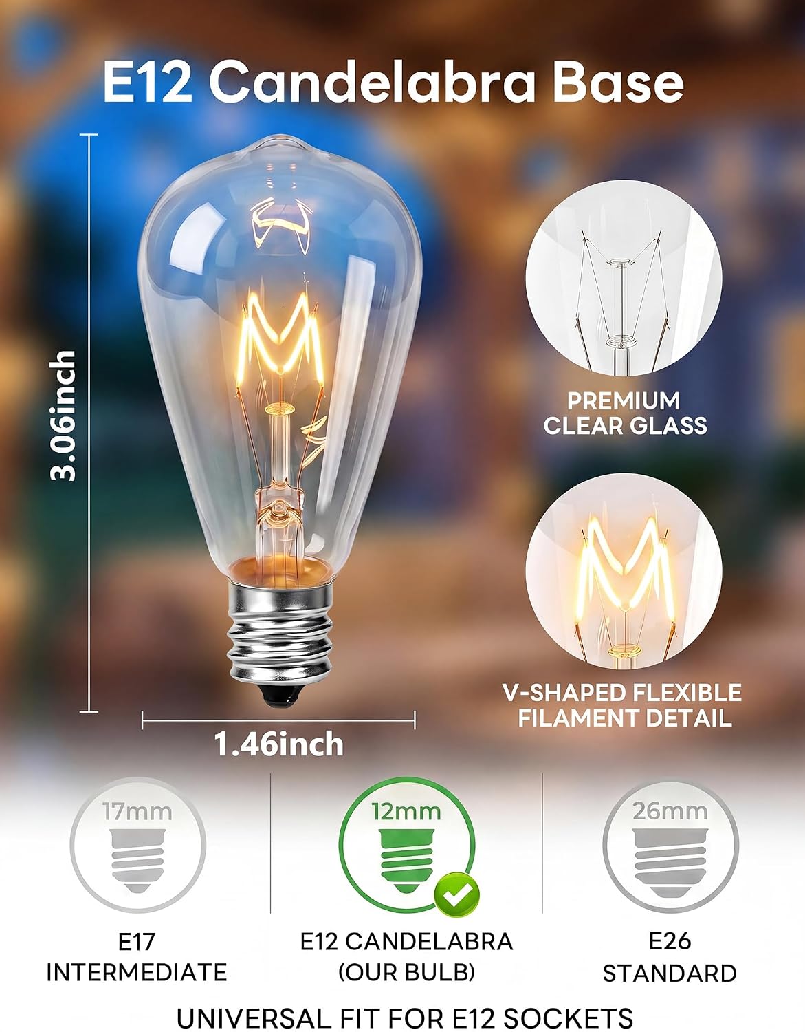 25 Pack Edison Replacement Light Bulbs, ST38 Clear Incandescent Glass Light Bulbs for Outdoor Patio String Lights, 7W Night Light Bulbs, Warm White, E12 Candelabra Screw Base