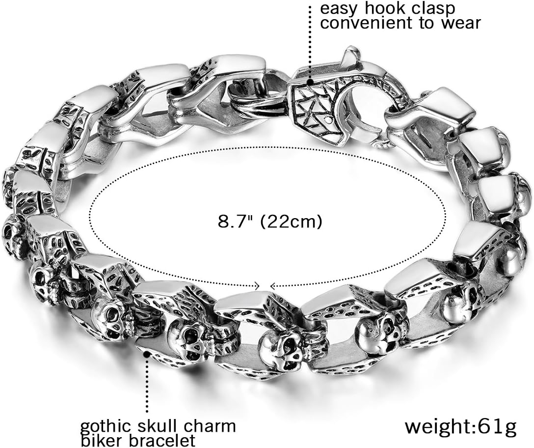 OIDEA Mens Bracelet - Gothic Skull Bracelet for Men, Vintage Punk Skull Cuff Link Bracelet Jewelry Gift