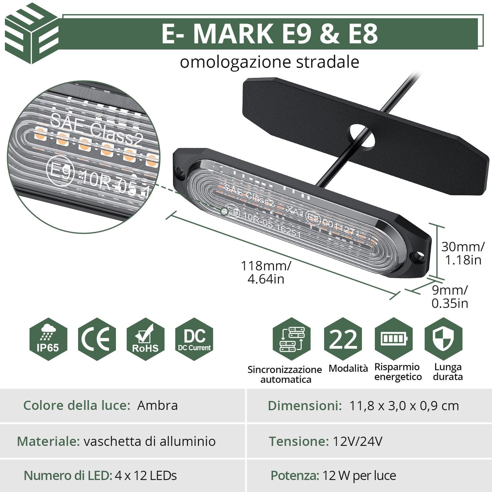 EYPINS 4x 12 LED 12 W Luci Lampeggianti LED con Cavo di Sincronizzazione 22 Modalità Flash Impermeabile IP65,Luci di Emergenza Ambra 12/24 V,per Trattore Camion Auto e Rimorchio,Conforme E9