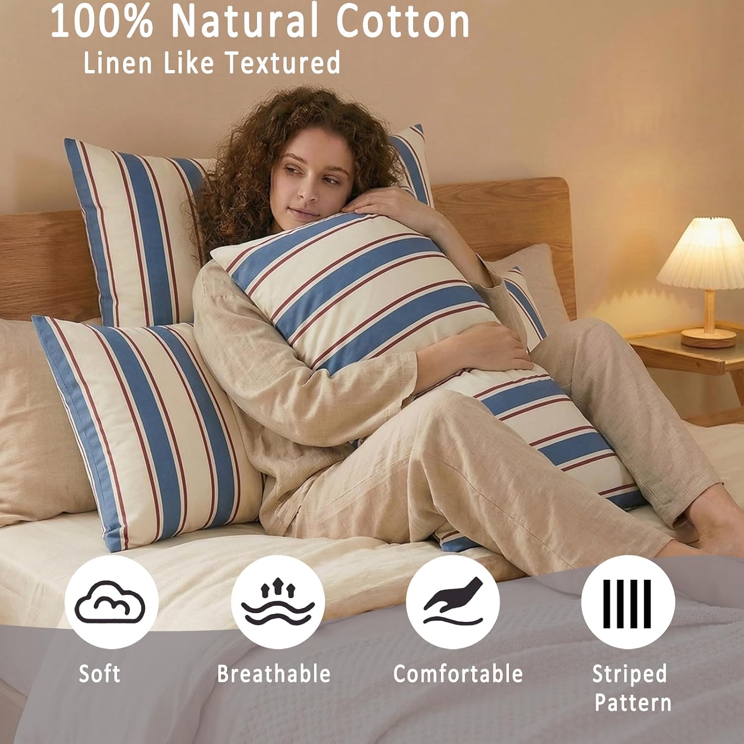 Condition photo showing As Is for merryword white and blue striped pillowcases, 100% cotton pillow cases, king size pillowcases, luxury linen like pillowcase, soft breathable stripe pillow covers, set of 2 king (20''x36'') cabana stripe-blue/white