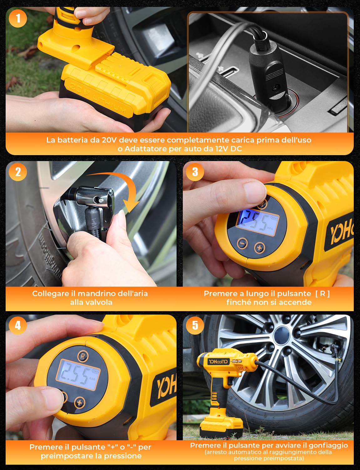 YOHOOLYO Compressore Aria Portatile per Pneumatici 150PSI Manometro Digitale LCD, luci a LED, Adatta per Auto,Biciclette, Moto e Palloncini