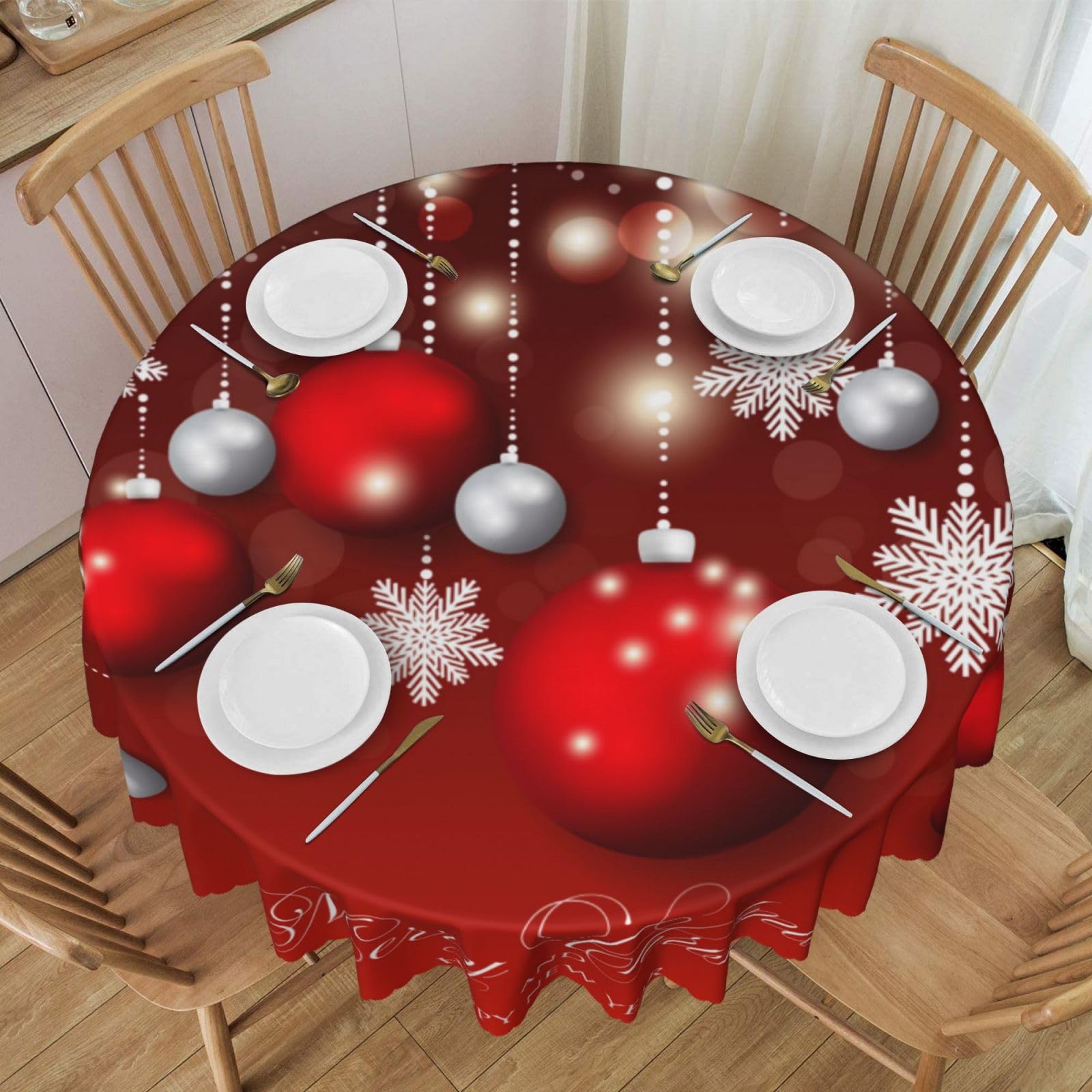 DADABULIU Tablecloth Christmas Red Glitter Snowflake Ball Round 60 x 60 Inch Table Cover Polyester Stain and Wrinkle Resistant Table Cloth for Kitchen