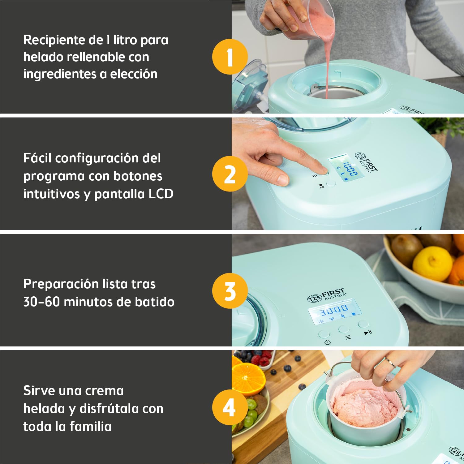 TZS First Austria - Heladera 1L con Compresor 3 en 1-100W Máquina de Helados Autorefrigerante para Yogur Helado, Sorbete y Crema - Turquesa