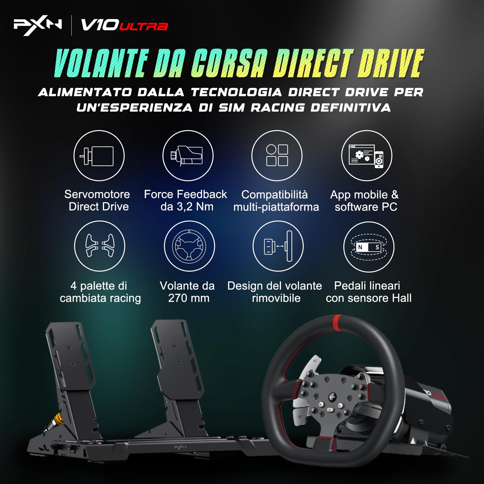 PXN V10 Ultra Volante da Corsa Direct Drive con Pedali – Force Feedback 3,2 Nm, Volante da Gioco con Impugnatura in Pelle Microfibra e Paddle Shifter – Kit Sim Racing per PC, PS4, Xbox One/Series