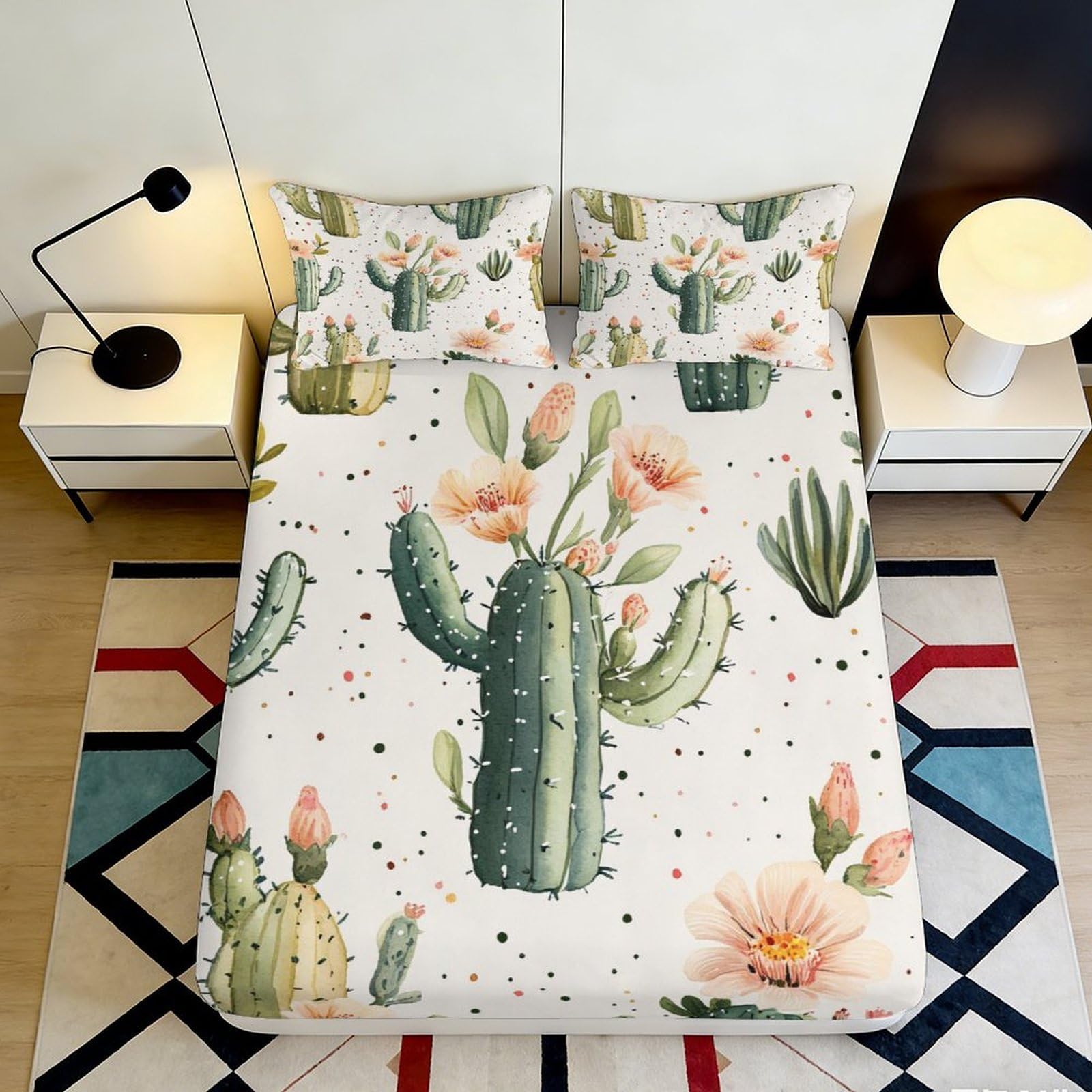 3D Printed Cactus Blossom Fitted Sheet Microfiber Soft Breathable Succulent Flower Mattress Cover for Bedroom Dorm Decor 90x200x25cm
