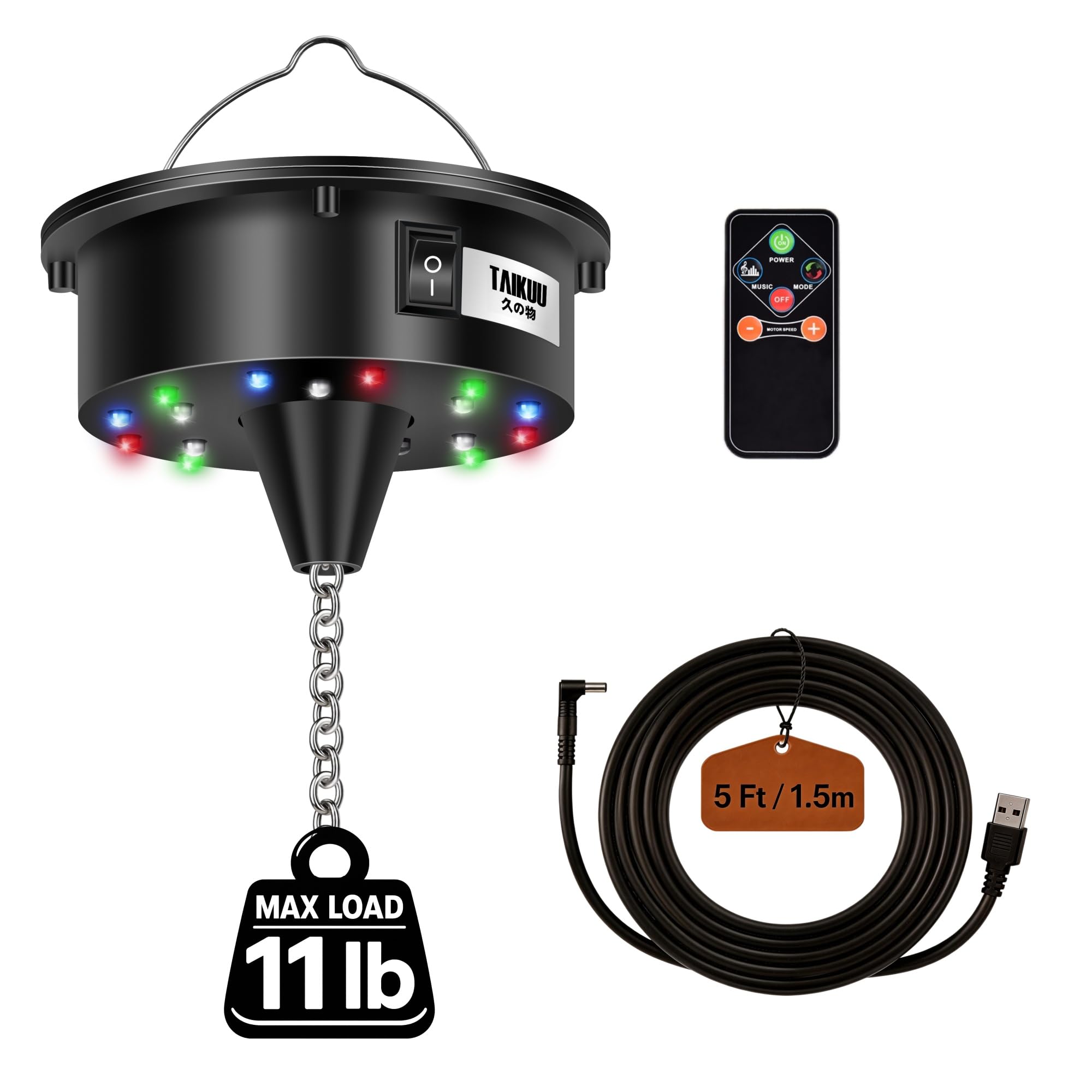 Photo 1 of 11 lb Heavy Duty Disco Ball Motor with Remote, RGBW 4-Color LEDs, 6-12 RPM Rotating Mirror Ball Motor for 4-20 inch Balls, Sound Activated Disco Ball Spinner (Battery/USB Powered) Pro 511-L5