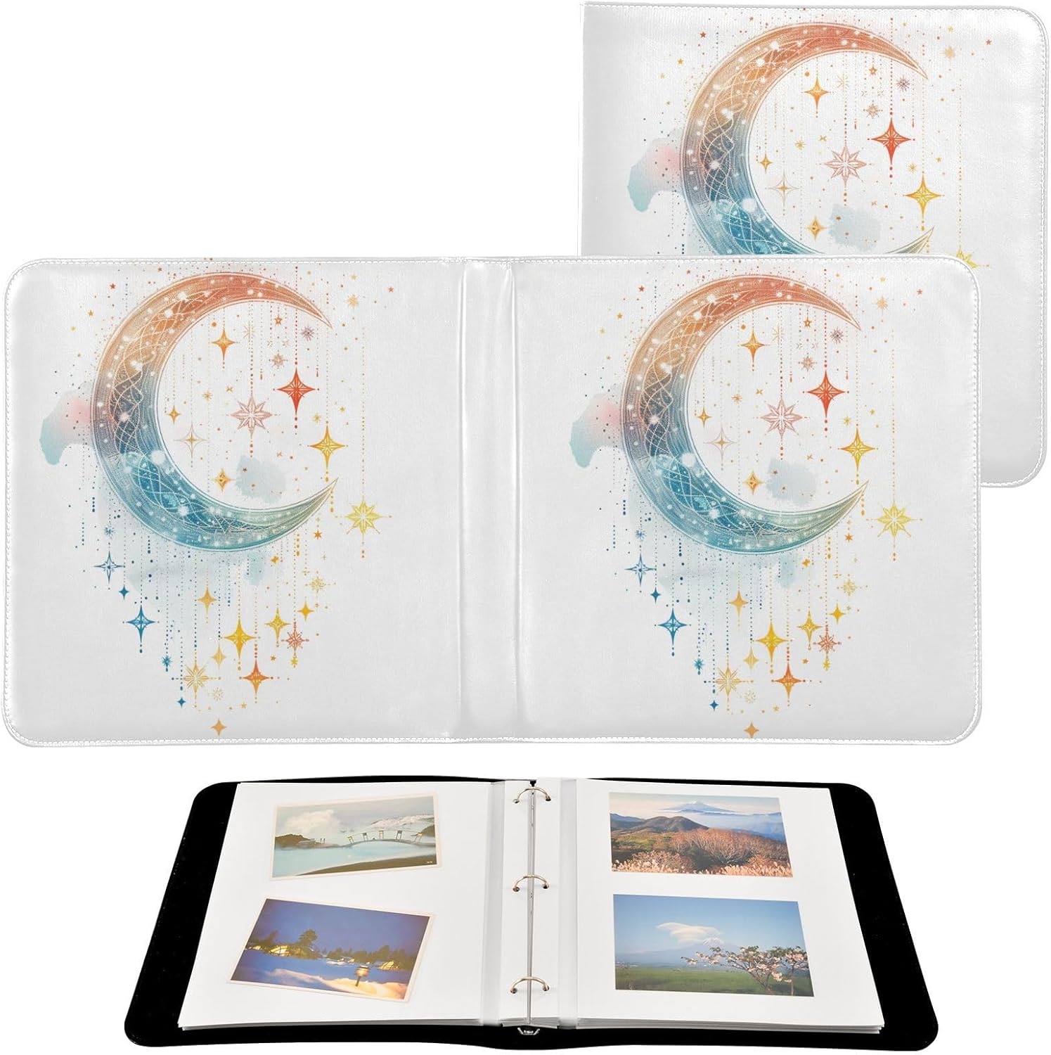 JIPONI Dreaming Moon and Stars Catcher Large Photo Album, DIY Leather Cover Scrapbook Albums for 4x6 5x7 6x8 Pictures, Self Adhesive Memory Book for Wedding, Baby, Family