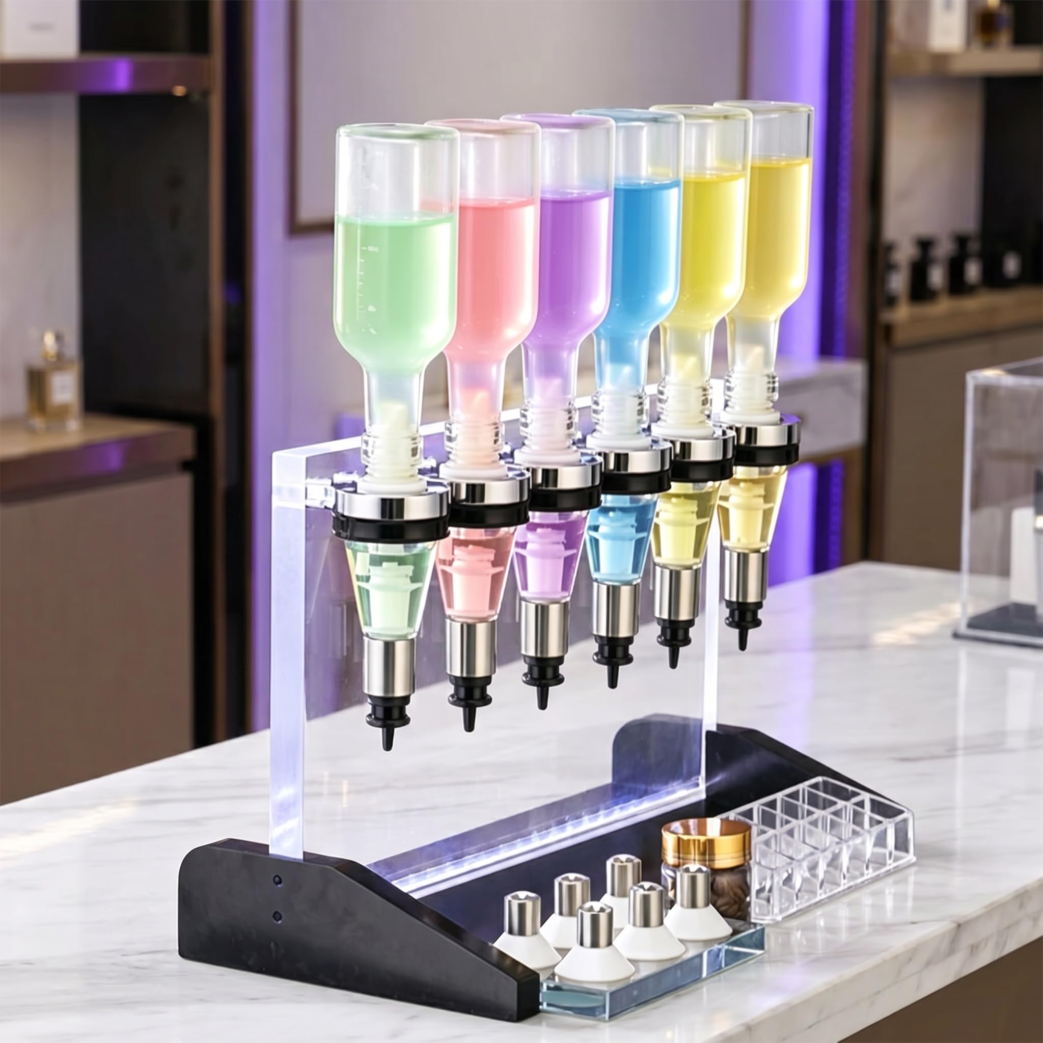 Dispenser Manuale di Profumo, Sistema A Pompa per 6 Flaconi da 200 Ml Ciascuno, 6 Coppette per La Prova delle Fragranze, Pratico Montaggio su Tavolo per Un Facile Accesso E Un Riempimento