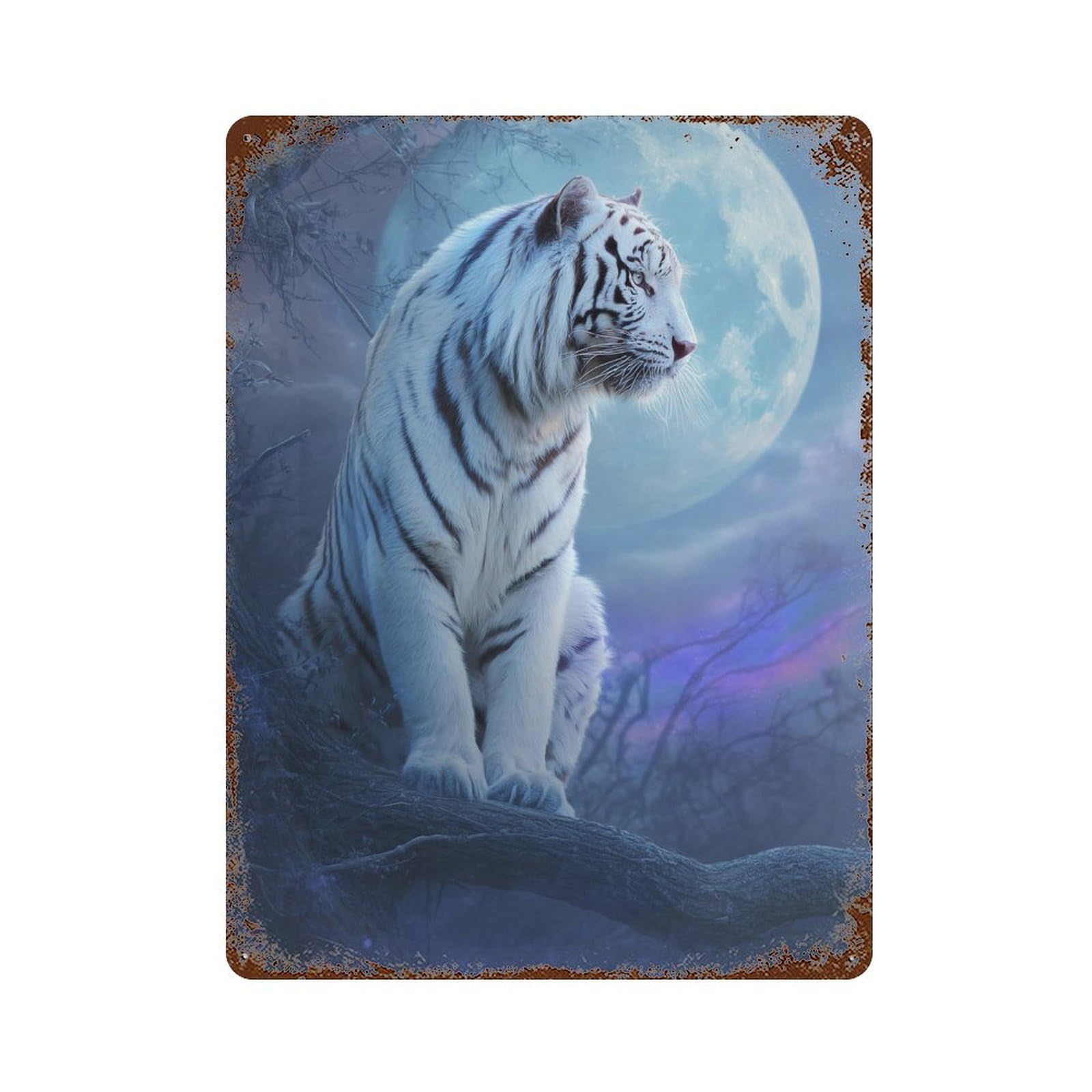 White Tiger Moonlit Night Rustic Tin Plaque 15.7"x11.8", Industrial Home Decor for Pub, Kitchen And Man Cave Decor