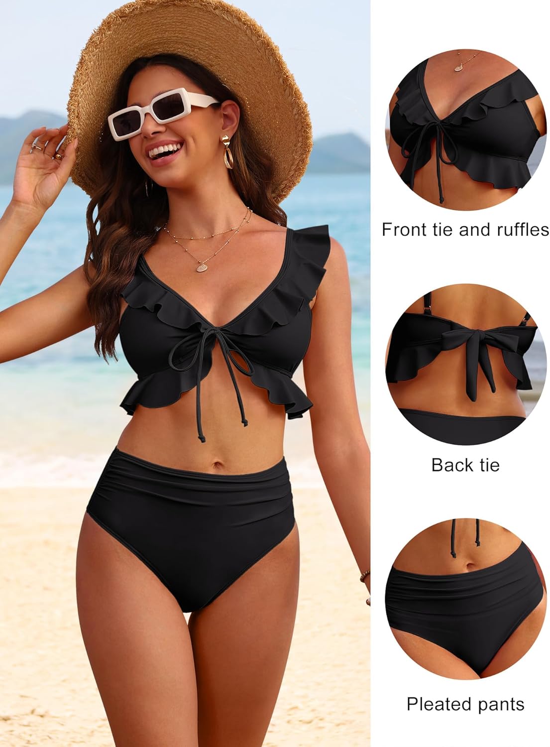 ANRABESS Women High Waisted Bikini Sets Two Piece Ruffled Self Tie Swimsuit Ruched Bathing Suit 2026 Summer Beach Swimwear - Image 4