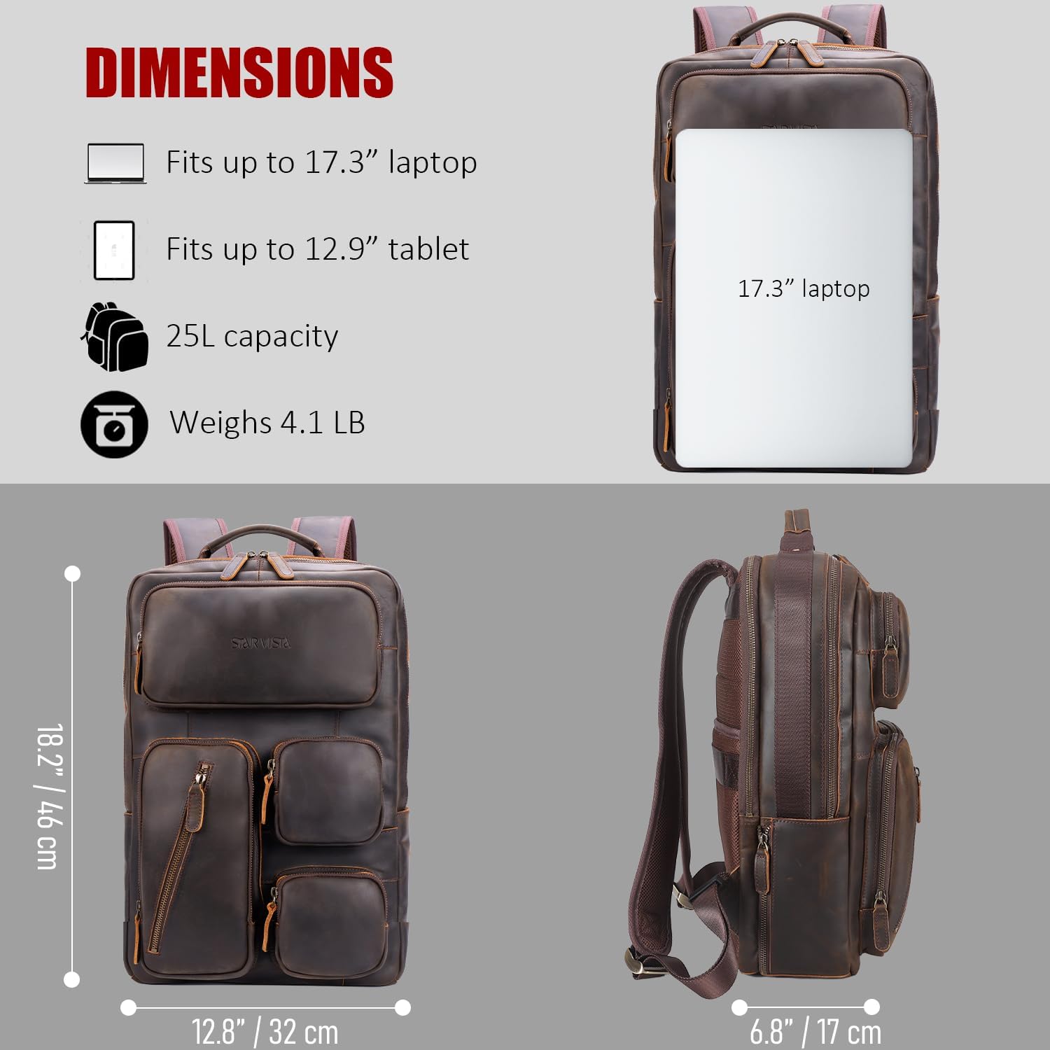 STAR VISTA Antonio 17.3" Vintage Full Grain Leather Laptop Backpack for Men, Multi Pockets, Casual Outdoor Business Travel Rucksack, YKK Zippers, Dark Brown