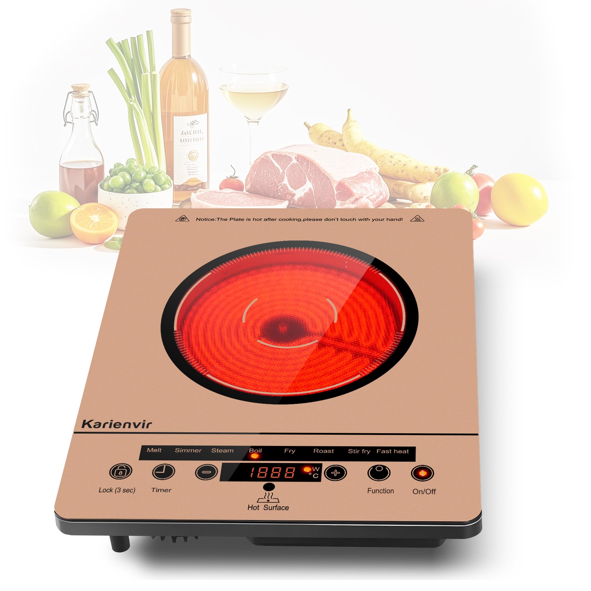 Karienvir Placa vitroceramica 1 Fuegos 2000W, Placa de cocción integrada, Vitroceramica portatil, Indicador de alta temperatura, Bloqueo para niños, 9 velocidades，Naranja