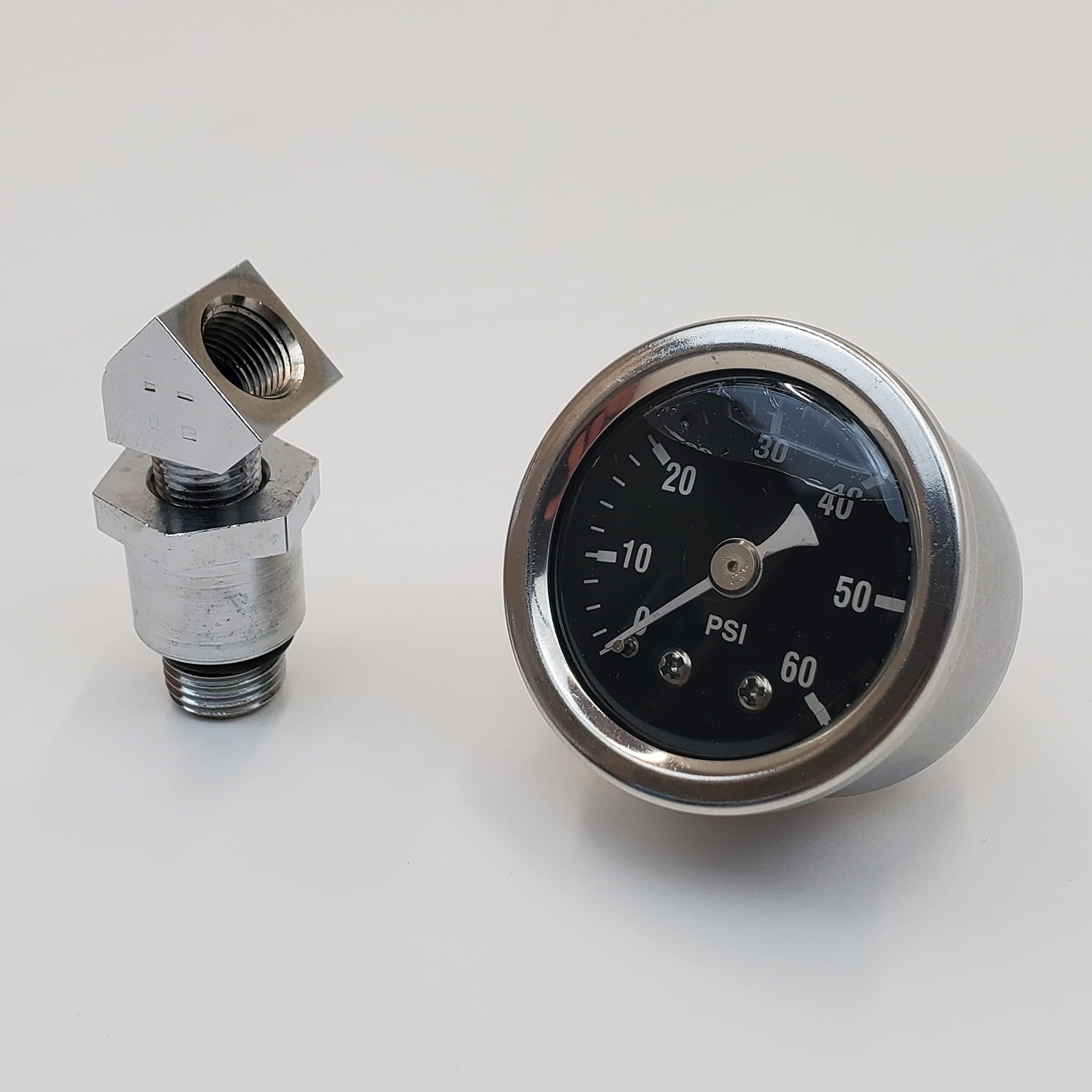 60 psi Oil Pressure Gauge w/Adapter Fitting for 1970-Later Harley Big Twin Shovelhead & Evolution Softail/Touring/Dyna/FXR - Shock Proof, Liquid Filled - Black Gauge Face - Bobber Chopper
