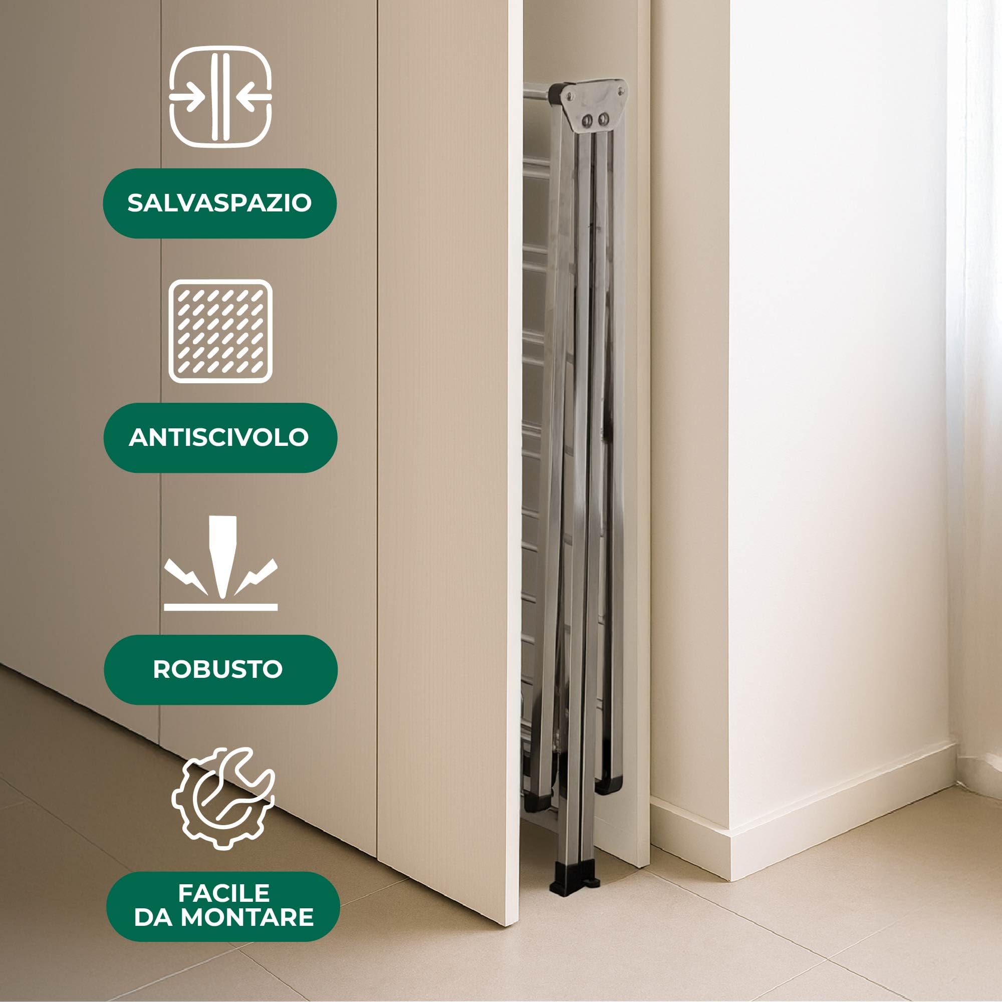 IlGruppone Stendibiancheria in Acciaio Inox 180 Cm Pieghevole Stendino Robusto Griglia Antipiega Portatile per Uso Interno Esterno Piedini Antiscivolo