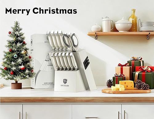 Miniatura 2 de BRODARK Juego de cuchillos de cocina con bloque y afilador integrado, 15 piezas de cuchillos de chef profesionales de espiga completa, juego de