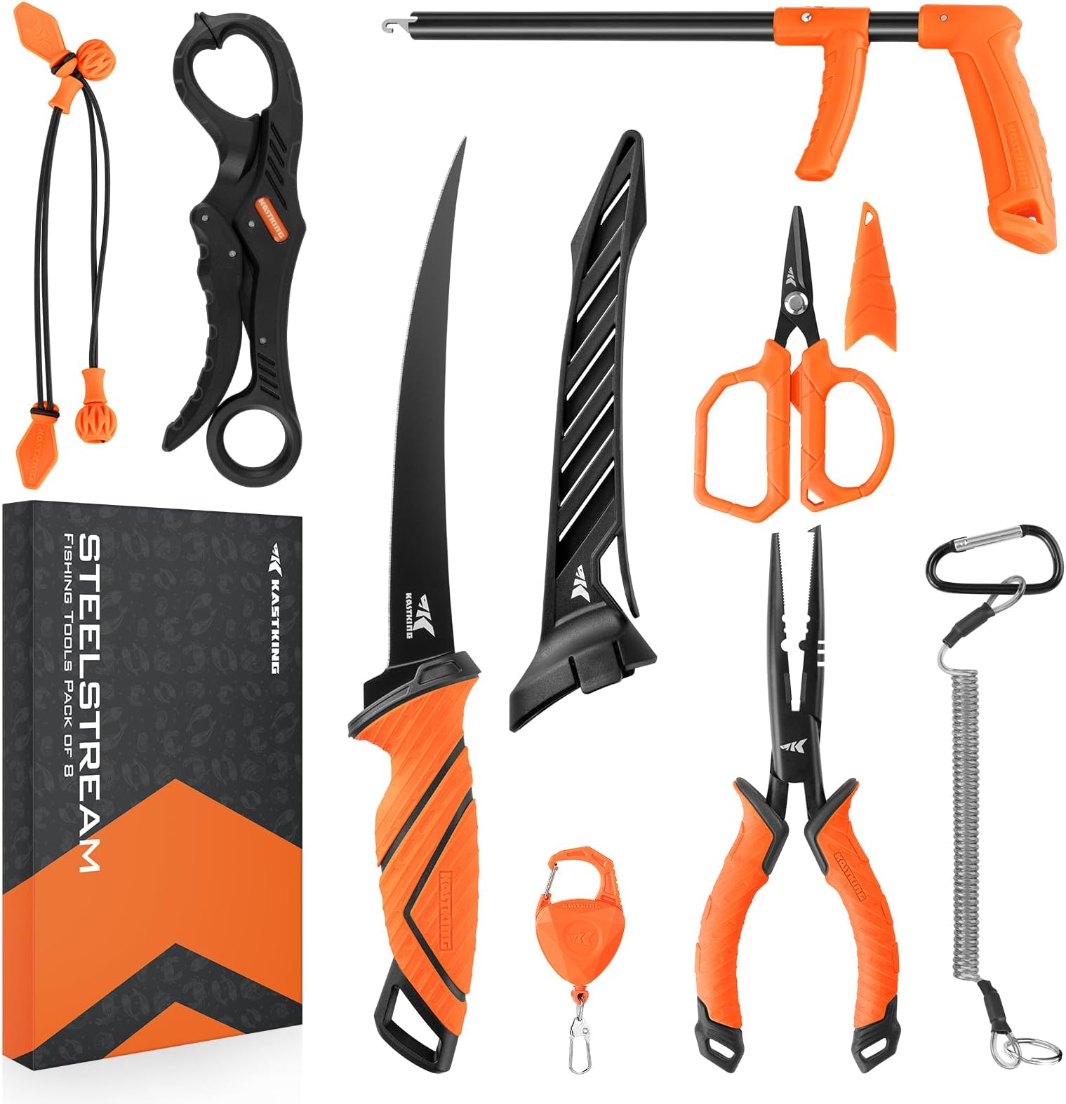 SteelStream 8pc Fishing Tool Kit - Fishing Pliers with Lanyard, Fillet Knife, Floating Fish Lip Gripper, Fishing Braid Scissors, Tool Retractor, Fishing Hook Remover, Bungee Cords