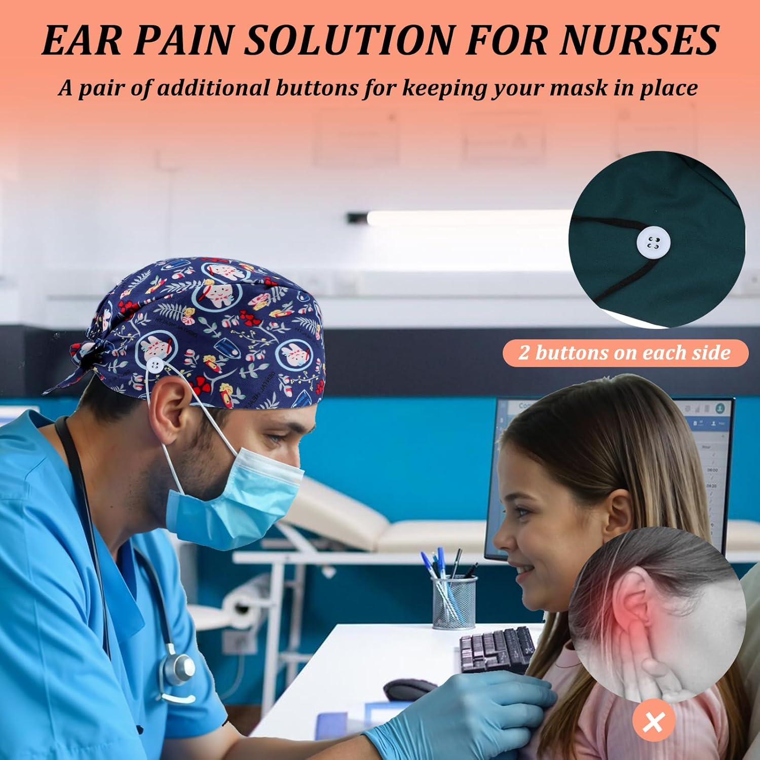 8 Pcs Elastic Nurse Hats Teeth Pattern Working Hats Bulk for Women Dental Caps Adjustable Dentist Scrub Cap Colorful - Image 4