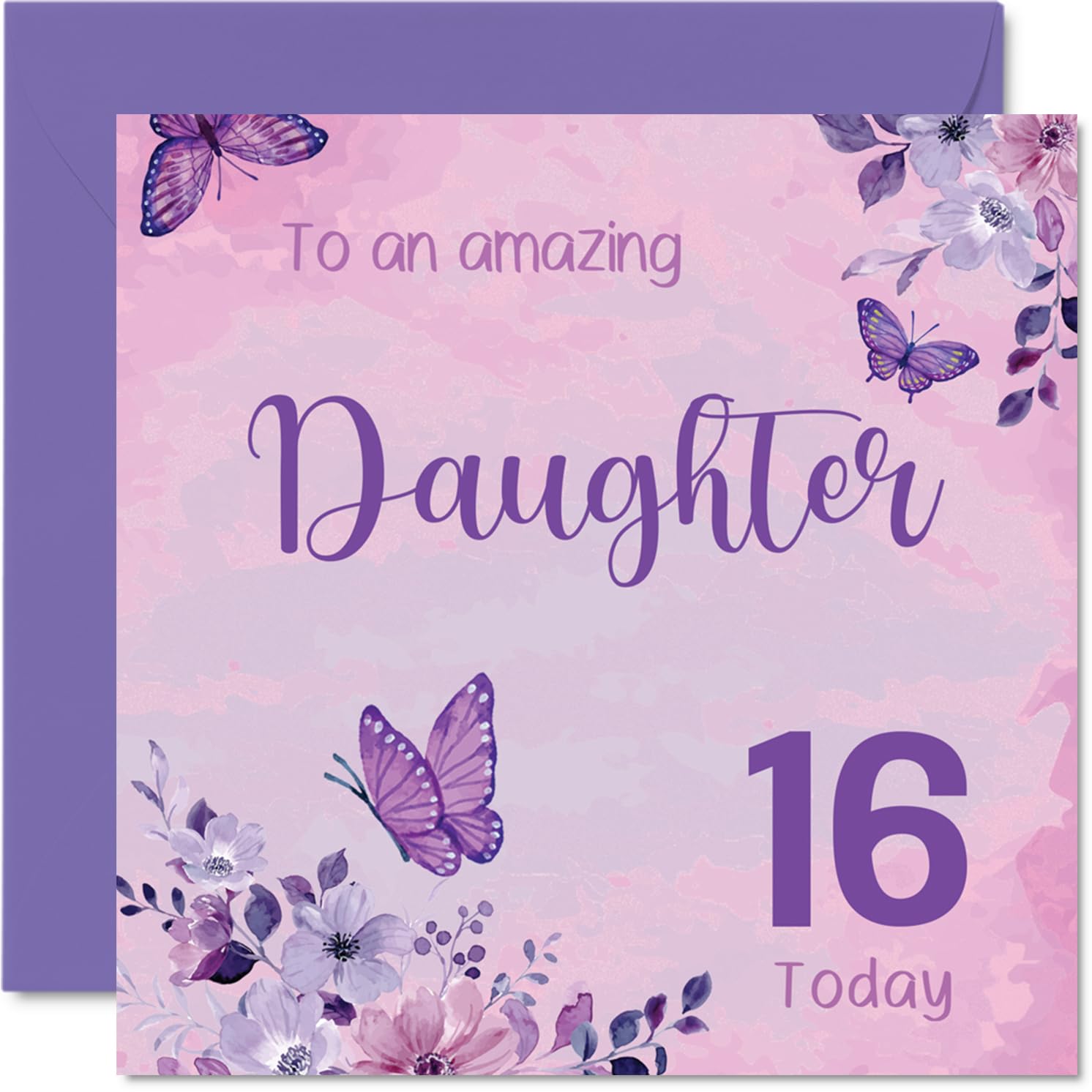 Sweet 16th Birthday Card for Daughter - Bursting with Birthday Cheer - Colourful Butterflies and Flowers in Vibrant Pinks and Purples - 145mm Square, Envelope Included