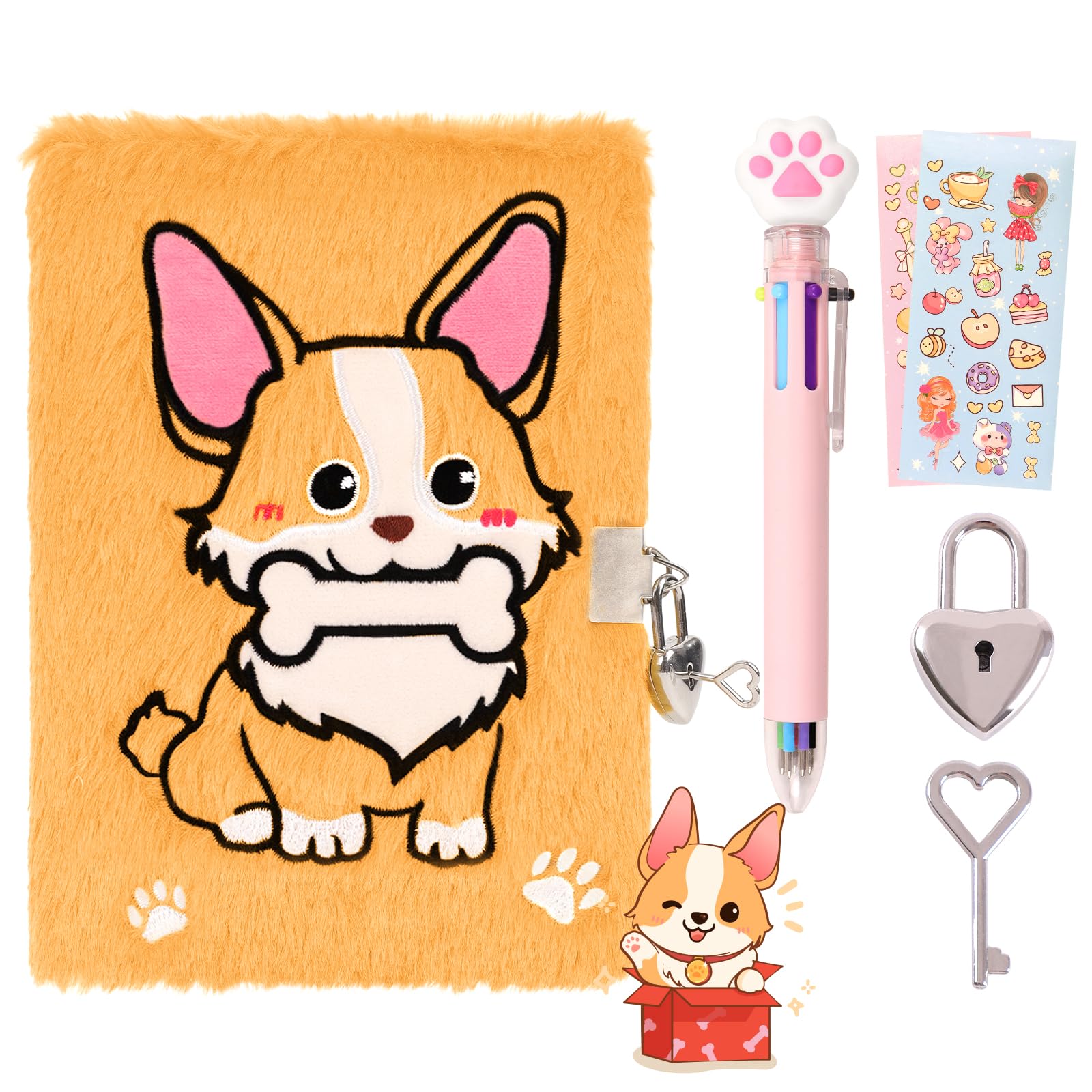 Corgi Diary with Lock, Dog Gift Set for Girls Ages 6-8