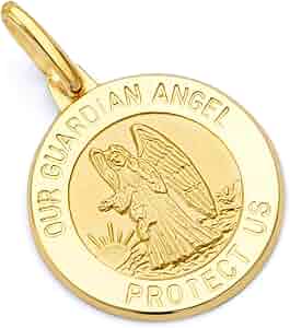 Solid 14K Yellow Gold Guardian Angel Medallion Charm Pendant - Handmade Textured Round Charm