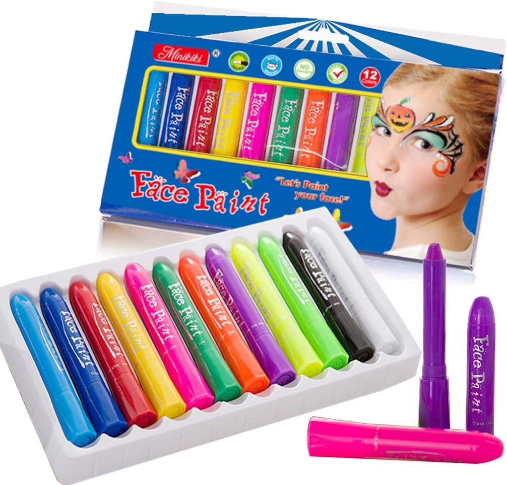 MiniKIKI Face Paint Crayons, Face Painting Kits, 12 Cols, Body Paint, Kids Face Painting, Washable Face Paint, Kids Makeup, Non Toxic Body Painting, Ideal for Halloween, Costumes, Birthday Parties