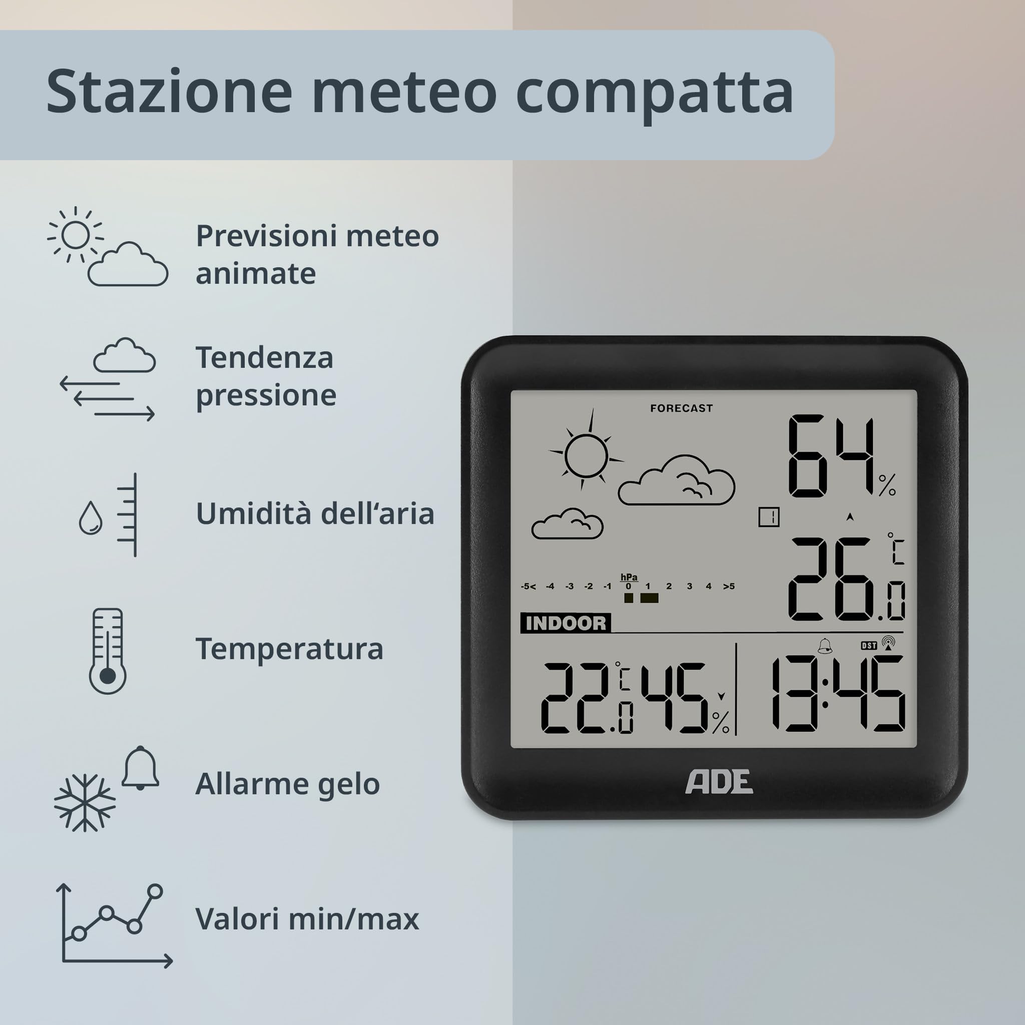 ADE Cyfrowa stacja meteorologiczna z czujnikiem zewnętrznym, prognoza pogody, temperatura, wilgotność, zegar radiowy, czarny
