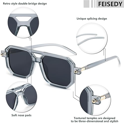 Miniatura 188 de Feisedy - B2622 - Lentes de sol estilo aviador, cuadrados, clásicos de los años 70, unisex, con montura clásica retro y elegante, UV400 Marco