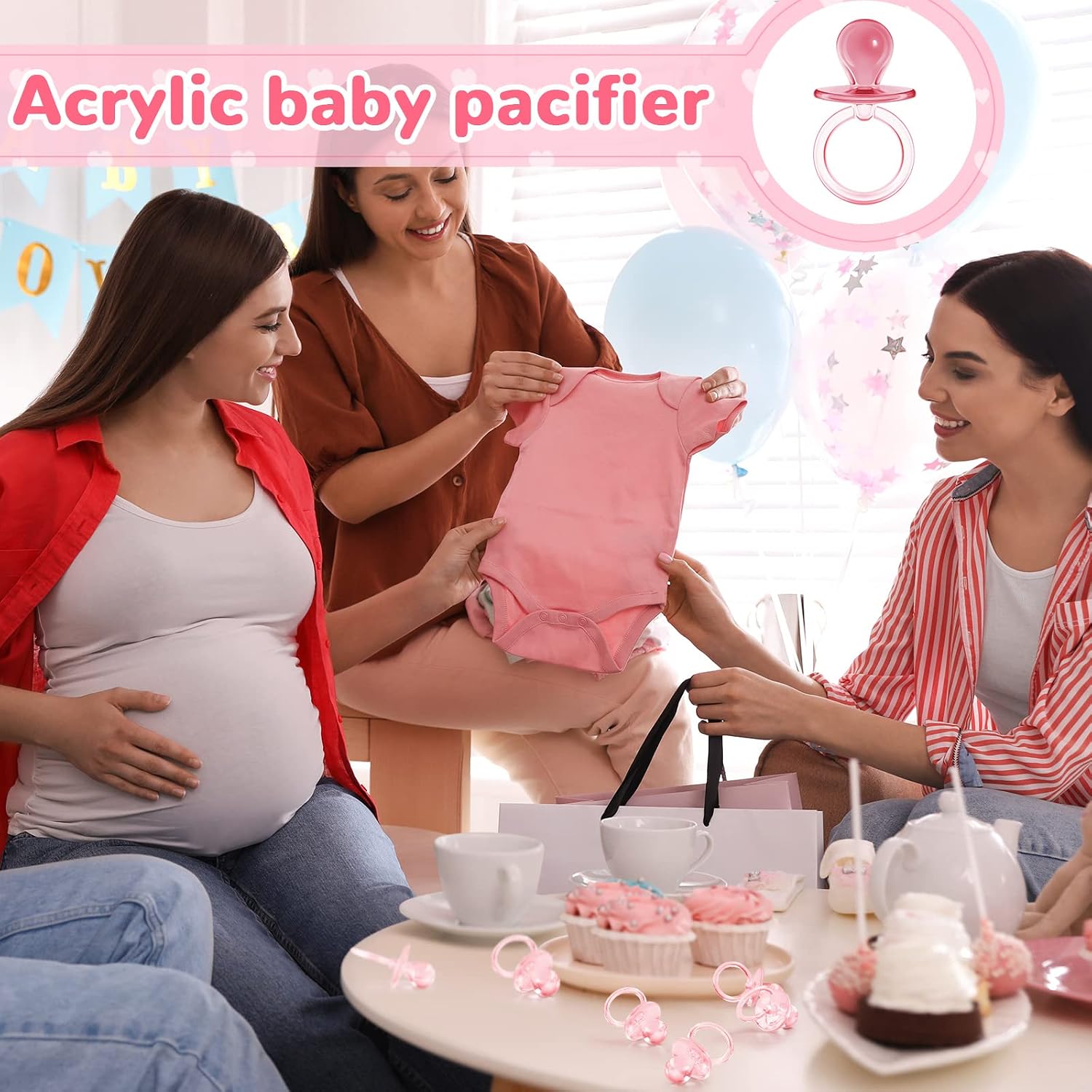 Jetec 48 Pieces Acrylic Pacifiers for Baby Shower Games, Pink